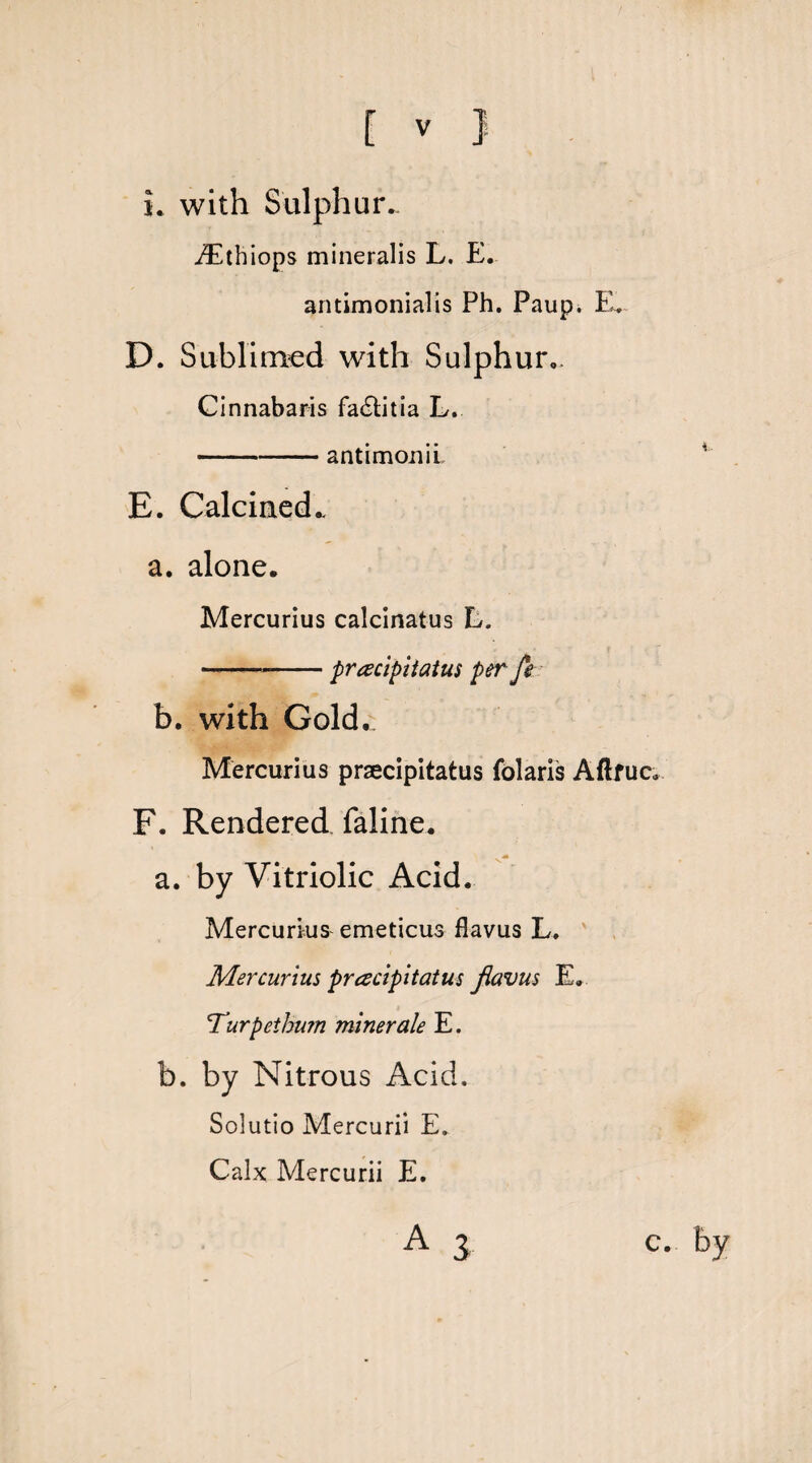 L with Sulphur.. iEthiops mineralis L. E. antimonialis Ph. Paup. E. D. Sublimed with Sulphur,. Cinnabaris fa&itia L. -antimonii, E. Calcined.. a. alone. Mercurius calcinatus L. -„-pracipitatus per fe b. with Gold.: Mercurius praecipitatus folaris Aftfuc. F. Rendered faline. a. by Vitriolic Acid. Mercurius emeticus flavus L, Mercurius pracipitatus flavus E. Turpethu?n miner ale E. b. by Nitrous Acid. Solutio Mercurii E. Calx Mercurii E. A 3 c. by