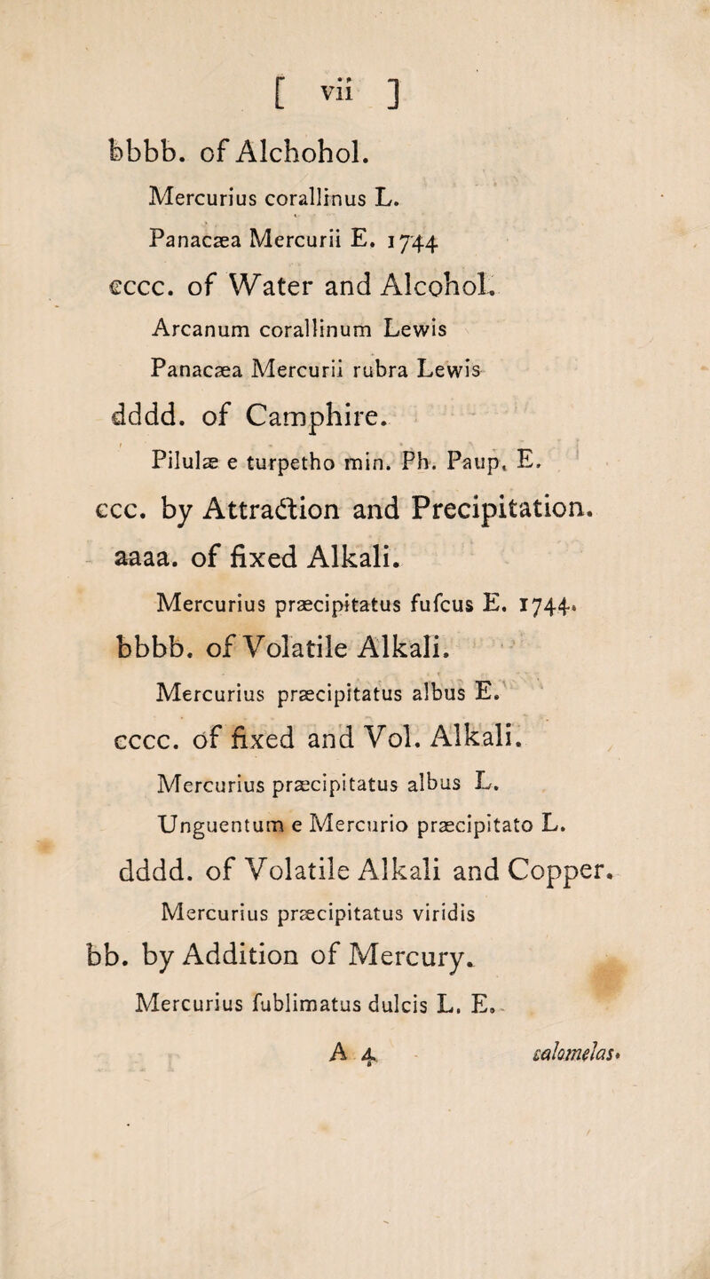 bbbb. of Alchohol. Mercurius corallinus L. Panacsea Mercurii E. 1744 cccc. of Water and Alcohol, Arcanum corallinum Lewis Panacsea Mercurii rubra Lewis dddd. of Camphire. f • * Pilul2E e turpetho min. Ph. Paup, E, ccc. by Attraction and Precipitation, aaaa. of fixed Alkali. Mercurius praecipitatus fufcus E. 1744* bbbb. of Volatile Alkali. Mercurius prsecipitatus albus E. cccc. of fixed and Vol. Alkali. Mercurius prsecipitatus aibus L. Unguentum e Mercurio prsecipitato L. dddd. of Volatile Alkali and Copper, Mercurius prsecipitatus viridis bb. by Addition of Mercury. Mercurius fublimatus dulcis L. E.