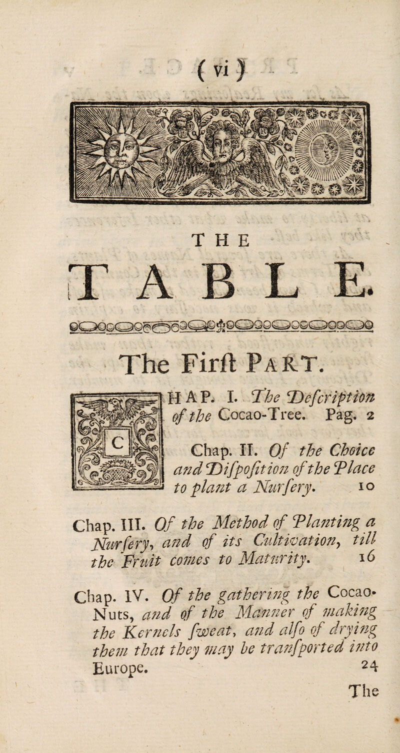 The Firfb Part. H A P. I. The Defer iption of the Cocao-Tree. Pag. 2 Chap. II. Of the Choice and Difpofition of the Place to plant a Nurfery. 10 Chap. III. Of the Method of Planting a Nurfery, and of its Cultivation, till the 'fruit comes to Maturity. 16 Chap. IV. Of the gathering the Cocao- Nuts, and of the Manner of making the Kernels fweat, and alfo of drying them that they may he transported into Europe. 24