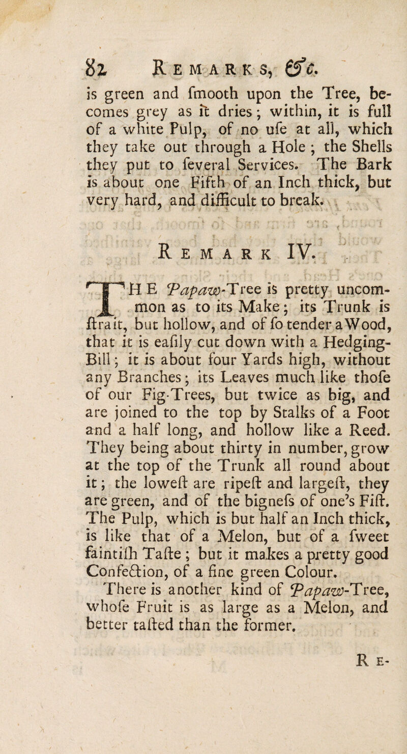 is green and fmooth upon the Tree, be¬ comes grey as it dries; within, it is full of a white Pulp, of no ufe at all, which they take out through a Hole ; the Shells they put to feveral Services. The Bark is about one Fifth of an Inch thick, but very hard, and difficult to break. Remark IV. TH E cPap aw-Tree is pretty uncom¬ mon as to its Make; its Trunk is ftrait, but hollow, and of fo tender aWood, that it is eafily cut down with a Hedging- Bill ; it is about four Yards high, without any Branches; its Leaves much like thofe of our Fig-Trees, but twice as big, and are joined to the top by Stalks of a Foot and a half long, and hollow like a Reed. They being about thirty in number, grow at the top of the Trunk all round about it ; the lowed: are ripeft and largeft, they are green, and of the bignefs of one’s Fift, The Pulp, which is but half an Inch thick, is like that of a Melon, but of a fweet faintilh Tafte ; but it ma,kes a pretty good Confection, of a fine green Colour, There is another kind of Tapaw-Tree, whofe Fruit is as large as a Melon, and better tafted than the former.