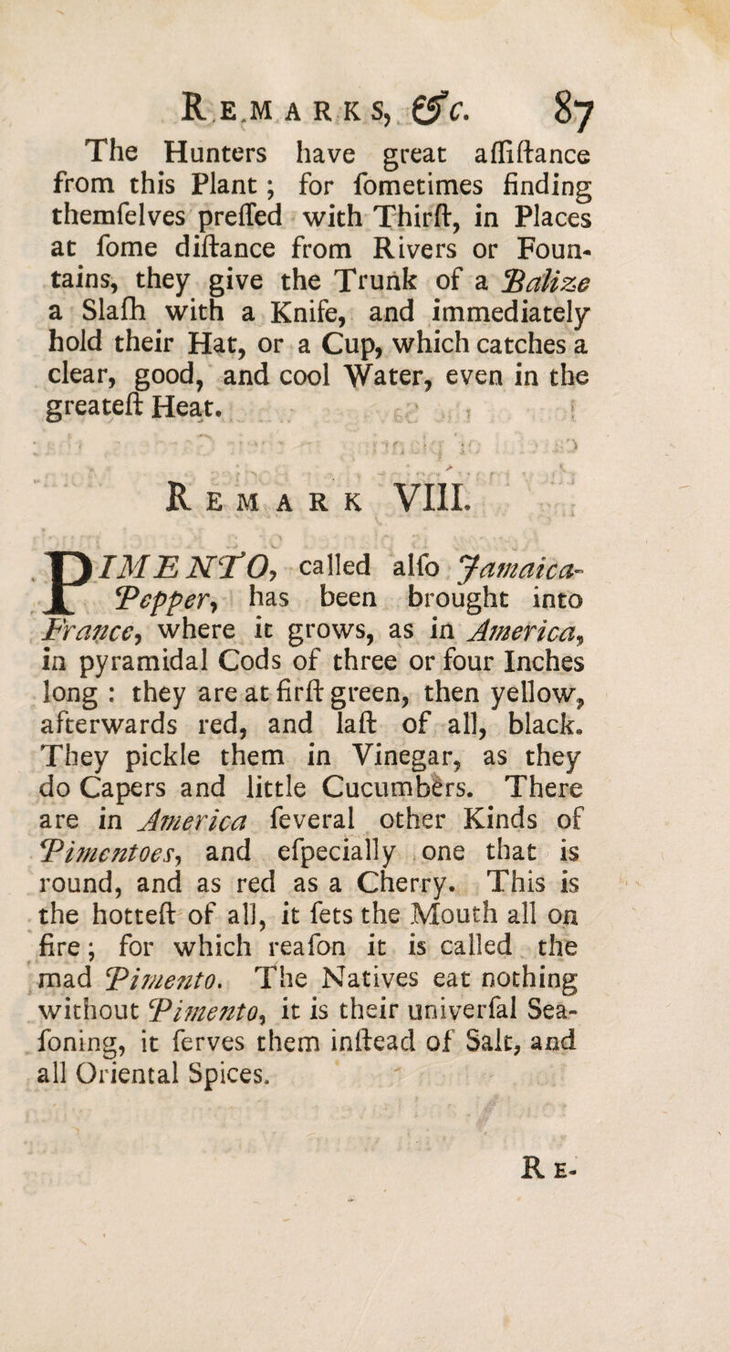 The Hunters have great alfiftance from this Plant ; for fometimes finding themfelves prefled with Thirft, in Places at fome diftance from Rivers or Foun¬ tains, they give the Trunk of a Palize a Slafh with a Knife, and immediately hold their Hat, or a Cup, which catches a clear, good, and cool Water, even in the greateft Heat. > Remark VIII. PIMENTO, called alfo Jamaica- ‘Pepper, has been brought into France, where it grows, as in America, in pyramidal Cods of three or four Inches long : they are at firft green, then yellow, afterwards red, and laft of all, black. They pickle them in Vinegar, as they do Capers and little Cucumbers. There are in America feveral other Kinds of Pimentoes, and efpecially one that is round, and as red as a Cherry. This is the hotteft of all, it fetsthe Mouth all on fire ; for which reafon it is called the mad Pimento. The Natives eat nothing without Pimento, it is their univerfal Sea- foning, it ferves them inftead of Salt, and all Oriental Spices.