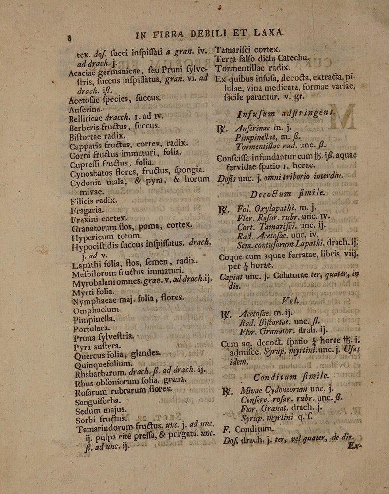 - tex. dof- fucci infpiffati a grat. iv.: ad drach. j.: (C Acaciae germinien, feu Pruni fylve- ftris, fuccus infpiffatus, graz. vi. a drach. iff. . Acetofáe fpecies, fuccus. Anferina.: Belliricae dracch. 1. ad Iv. Berberis fru&amp;us, füccus. Biftortse radix. Capparis fru&amp;us, cortex, radix. . Corni fru&amp;tus immaturi, folia. - Cupreffi fru&amp;us, folia. Cynosbatos flores, fructus, Cydonia mala, &amp; pyra, ^gnivae: (57) Filicis radix. Fragaria. Fraxini: corteX. | Granatorum flos, poma, cortex. Hypericum totum. Hpocitidi (uccüs infpiffatus. drach, ad v ^ Lapathi folia, flos, femen, radix. Mefpilorum: fruétus immaturi. . Myron omnes. gran. v. ad drach4]. Myrti folia. N ymphaeae maj. Omphacium. Pimpinella. Portulaca. Pruna fylveftria. : Pyra auftera. AY Quercus folia ; glandes. uinquefolium. ^ Rhabarbarum. drach. f. ad drach. à ij. Rhus obfoniorum folia, grana. Rofarum rubraruim flores. Sanguiforba. - austissg Sedum majus. Tamarindorum fru&amp;tus, utic. j, ad unc. ij. pulpa rite preffá, &amp; de peti unc. f. adunc.ié 2293 (5) fpongia. &amp; horum folia, fiores- 173 Tamarifíci cortex. TMREEEES ; 'Terra falfo di&amp;a Catechu. .. - 'Tormentillae radix. Ak 133 Ex ipeo: infufa, deco&amp;ta, extracta, pi- facile parantur. v. gr. Infufum. adfrvingént.. / B. Anferinae m. 0 oso v À. Pimpinellae, tn. fi. Tormentillae vad. unc. ff. Confciffa infundantur cum fb. iff. MIN fervidae fpatio r. horae. | Dofis unc. j- oni triborio interdiu. 7 Deco um fimile. 3 Fol. Oxylapathi. m. . Flor, Rofar. rubr. unc. 1v. Cort. Tamarifci. goes ij. Rad. Acetofae. unc, 1 | Sem. contuforum Lidl. drach. ij. Coque cum aquae ferratae, libris viij. per 4 horae. * unc. B c qhneat m, quur, in UE T E. Mis m. ij is Rad. Biffortae, unc. ff. :3isq ^ Flor. Granator. drah. ij. auis Cum aq; deco&amp;t. fpatio &amp; horae Wd E Syrup, 7» rin -unc. da fus ideni. zi e Conditim sula :suiiid E. Mivae Cydoneorum unc. j. Confero. rofav. rubr. unc. ff. - Flor. Granat. drach. ia AR as F. Conditum. cath: Dof. drach. j. ey, vel I quater, de 2 : P «4  XX !