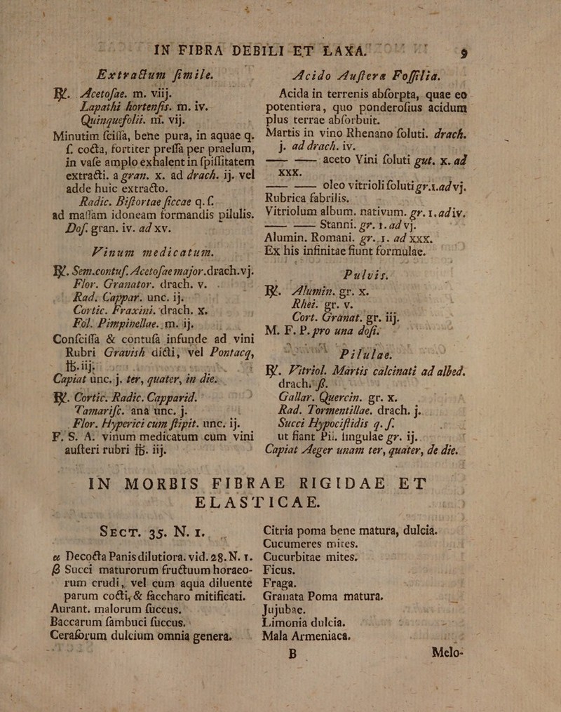 PLI v Extvatlum fi fimile. E. .Acetofae. m. viij. Lapathi hortenfis. m. iv. Quiuquefolii. vi. vij. ! Minutim íciíía, bene pura, in aquae q. f. cocta, fortiter preffa per praelum, in vafe amplo exhalent in fpiffitatem extracti. a gzaz. x. ad drach. ij. vel adde huic extracto. Radic. Biflortae ficcae q.f ad malam idoneam formandis pilulis. pu gran. iv. ad xv. Finum medicatum. I. Sem.contuf. Acetofae major .drach.v]. Flor. Granator. drach. Neo Rad. Cappar. unc. ij. Cortic. Fraxini. drach. x. Fol. Pimpinellae. wn. 3j. Coníciffa &amp; contuíaà infunde ad vini Rubri. Gravish Pdinidi vel var Ib.üj ^ oco i Capiat à unc, j. ter, quater, in die. E. Cortic. Radic. Capparid. Tamarifc. ana unc. j. . Flor. Hyperici cum fipit. unc, ij. F.S. A: vinum medicatum .cum vini pe rubri fp. iij. Acido Auflera Foffilia. Acida in terrenis abforpta, quae eo - potentiera, quo ponderofius acidum plus terrae abforbuit. Martis in vino Rhenano foluti. drach. j. 4d drach. iv. —- —— aceto Vini foluti gut. x. ad XXX. —— -——- oleo vitriolifoluti gr.s. ad vj. Rubrica fabrilis. Vitriolum album. nativum. gr. 1.adiv. —— —— Stanni. gr. t. ad v]. Alumin. Romani. gr. J. ad XXX. Pulvis. B. Alumin. gr X. Rhez. gr. | Cort. Cratla? gr. iij. M. EB pto uma dofti UU Pifglge, J/. Fitriol. Martis calcinati ad albed. drach; e. Gallar. Quercin. gr. X. Rad. Tormentillae. drach. j. Succi Hypociflidis 4. f. ut fiant Pii. lingulae gr. ij.. Capiat Jdeger unam ter, pudo. de die. SECT. 35. N. 1. c Decocta Panis dilutiora. vid. 28.N. t. B Succi maturorum fructuum horaeo- rum crudi, vel cum aqua diluente parum co&amp;i, &amp; faccharo mitificati. Aurant. malorum fuccus. Baccarum fambuci fuccus. : Ceraforum dulcium omnia genera. Citria poma bene matura, dulcia. Cucumeres mites. Cucurbitae mites. Ficus. Fraga. Granata Poma matura. Limonia dulcia. d 2 Mala Armeniacaá. | B. Melo: