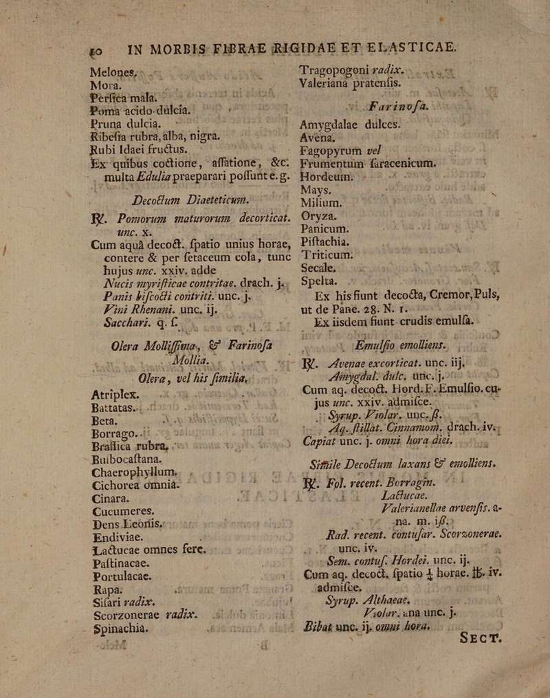 £o Melones.- .-- Mora. SR erftca MS pERHIWUEB DIG Poma acido- dülcia. art ma Pruna dulcia. ^ Ribefia rubra, alba, nigra. Rubi Idaei frudhus, Ex quibus coctione, affatione, &amp;c 5s multa Eduliz praeparari pc g. Decotlum | Diaeteticum. B. Pomorum meturorum decorticat. unc. X. | Cum aquà deco&amp;t. fpatio unius horae, contere &amp; per fetaceum cola, tunc hujus uzc. xxiv. adde INucis tyviflicae contritae, drach. j.. Panis bifco&amp;li contvitz. unc. j. Fini Rhenani. unc. ij. Sacchari. q. C. mH. x Olera Molliffn yo, Cm Furia -Okra, vj his / imilia,- Akripigien Battatas... Beta. Borrago.-' | Braífica rubra, .': Buibocaftana. Chaerophyllum. . .. —. Cichorea omniá. ; noh Cinara. Cucumeres. Dens.Leoriis. Endiviae. qactucae omnes fere. Paftinacae. Portulacae. Rapa. '1U2 apa oup Si(ari radix.  Scorzonerae radix. 5 05 000304 JiSTCL Tragopogeni. radix. EU. Valeriana eos Far HN Avena, — Fagopyrum ve Frumentum Vipacenicor Mays. ; | Milium. à  Oryza. | Panicum. Piftachia. Triticum. Secale,  Spelta. Ex hisfiunt decocta, Giciibe Puls, ut de Pane. 28. N. r.. Ex iisdem fiuit. crudis ediulla. - Emulfi o emolliens.  Eg. disi excorticat. unc. iij. Ainygdal: dulce. ric. j.- Cum aq. decoct. Hord. EF. T snulo. a já unc. xxiv. admifce. iC Syrup. F'iolar. unc. ff. N/A Jtillat. Cinnamon. drach. iv. Capiat unc. j. omui hora diei. Sifle Decotfum laxans e emolliens. La&amp;ucae. Valerianellae arvenfis. a- na. m. iff Rad. recent. contu[ar. Scorsonerat, unc. iv. | Sem. contuf. Hordei. unc. ij. Cum aq. decod, fpatio X horae. ib. iv iv. ;admifce. Syrup. llthaeae, FAolar. 4na unc. j. Bilat unc. ij omui hora. |. ) e SECT.