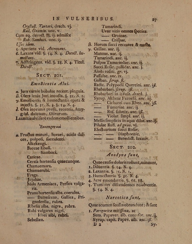 Cryflall. Tartari, drach. vj. Rad, Gramin. unc. v. Cum aq. deco&amp;t. 15. ij. admifce ^ Rob. Sambuci. unc. ij. Ufvs idem. $. Aperiens vid. HAitenuams. 6. Laxans vid. S. $4. N. 4. Decoct. hu- means. 7. 0 ca vid. s ag. N. 4. Titul. - Decet. TISSU SscT. 201. Emollientia Aui. e, Jura'carnis bubulae recent. pinguia. 3. Olera lenia Juri incocta. $. 3«. N. r. y. Emolilientia &amp; humeéctantia epota &amp; injecta. S. 3«.. N. 3. $. $4. N. 4. . Olea inprimis preffa, recentia, Amy- gal. duicium, Olivarum. Laxantiaalvi fere: eadem emollientibus. Exxez eos ioi &amp;. Fru&amp;tus maturi ,. horaei, acido dul- ces, pulpofi, fücculenti. Alkekengi. Baccae Ebuli. oov ov Sambuci. Caricae. Ceraíà hortenfia quaecunque. Chamaemora. Cbamaerubi. TO Fraga. 317 Wajubae. . Mala Armeniaca, , Perfica vulga- ria. Pruna hortenfia alba, coerulea, —— Damaícena, Gallica, Pri- gnolenlia, rubra. Ribefia alba, nigra, rubra. Rubi vulgares nigri. Idaei albi, rubri. Sebeften. - 27: Tamarindi. uk Uvae vitis omnes fpecies. —— Gruinae. lisa —— Crifpae. f. Horum fucci recentes &amp; mufts, y. Cailiae. unc. ij. Mannae. uzc. ij. Tamarindi. zzc. ij. Th does, os Pi unc. ij. Succi Rofar. pallidar. vac. j. - Aloés rofàti. gr. vj. Paffulae. unc. iv. Galban. /crap. ff. TOM dee - Radic. Polypodii Quercini. une. 2 Rhabárbari. Jerup. iff. Rhabarbari in infu(o. drach. j Syrup. Altheae Fernelii. uzc. üj. Cichorei cum Rheo. zc. e. Fumariae. uzc. ij. — — Rof. folutiy; unc. iff. - Violar. fimpl. unc. iJ. Mellis fimplicis in aqua dilut. wzc.ij. Pilulae Rufi. a4 graz. vj. Ele&amp;tuarium fucci Rofàr. —— —— ^; Diaphoenic. n ie ARI Men laxativ. ^ - EJ a € eum Á——  m SzcT. 202. : Anodyna funt, T - Quae caufas doloris tollunt, 1. Diluentia. $. $4. N. 4. á. 2. Laxantia. S. 54. N. 1. 3. Humectanria. $. 34. N. 4. 4. Acre emendantia. S. 66, 88. $. Turiores diftendentes re(olventia. $. 54. N. 4. | Narcotica funt, Quaeacumen fenfisobtundunt; &amp; (unt 1. Paregorica tuitiffima, ut... Sem. Papaver. alb. contufor. zc. ij. Syrup. capit. Papav. aib. «zc. is