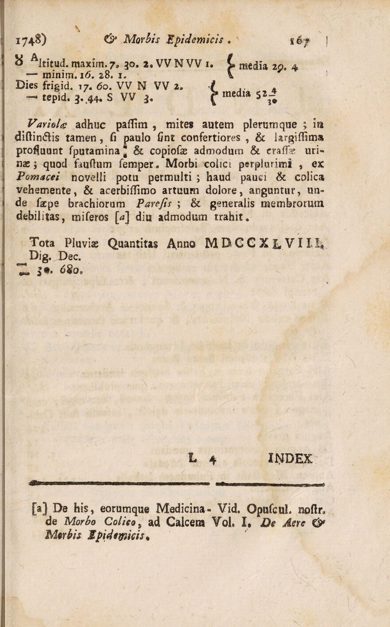 ^ AJtitud. maxim. 7» 30. 2, VV NVV 1. L media 20, 4 *— minim, 16. 28. 1. i Dies frigid. 17. &lt;5o. VV N VV 2, / A - tepid. 3. 44. S VV 3. f* Variola: adhuc paffitn , mites autem plerumque ; ia diftin&amp;is tamen, fi paulo Gnt confertiores , &amp; largiffima proluunt fputamina J &amp; copiofas admodum &amp; craffe uri- nas 5 quod fauftum femper. Morbi coiict perplurimi , ex Pomacei novelli potu permulti ; haud pauci &amp; colica vehemente, &amp; acerbiflimo artuum dolore, anguntur, un¬ de facpe brachiorum Parefis ; &amp; generalis membrorum debilitas, miferos [a] diu admodum trahit. Tota Pluvias Quantitas Anno MBGGXLVIII* Dig. Dec. L 4 INDEX ■Hiwm mmmmmKBamrnmmmamwM ... [a] De his, eorumque Medicina- Vid. OpufcuL sioftr, de Morbo Colico, ad Calcem Vol, I, De Aere Morbis Epidemicis*