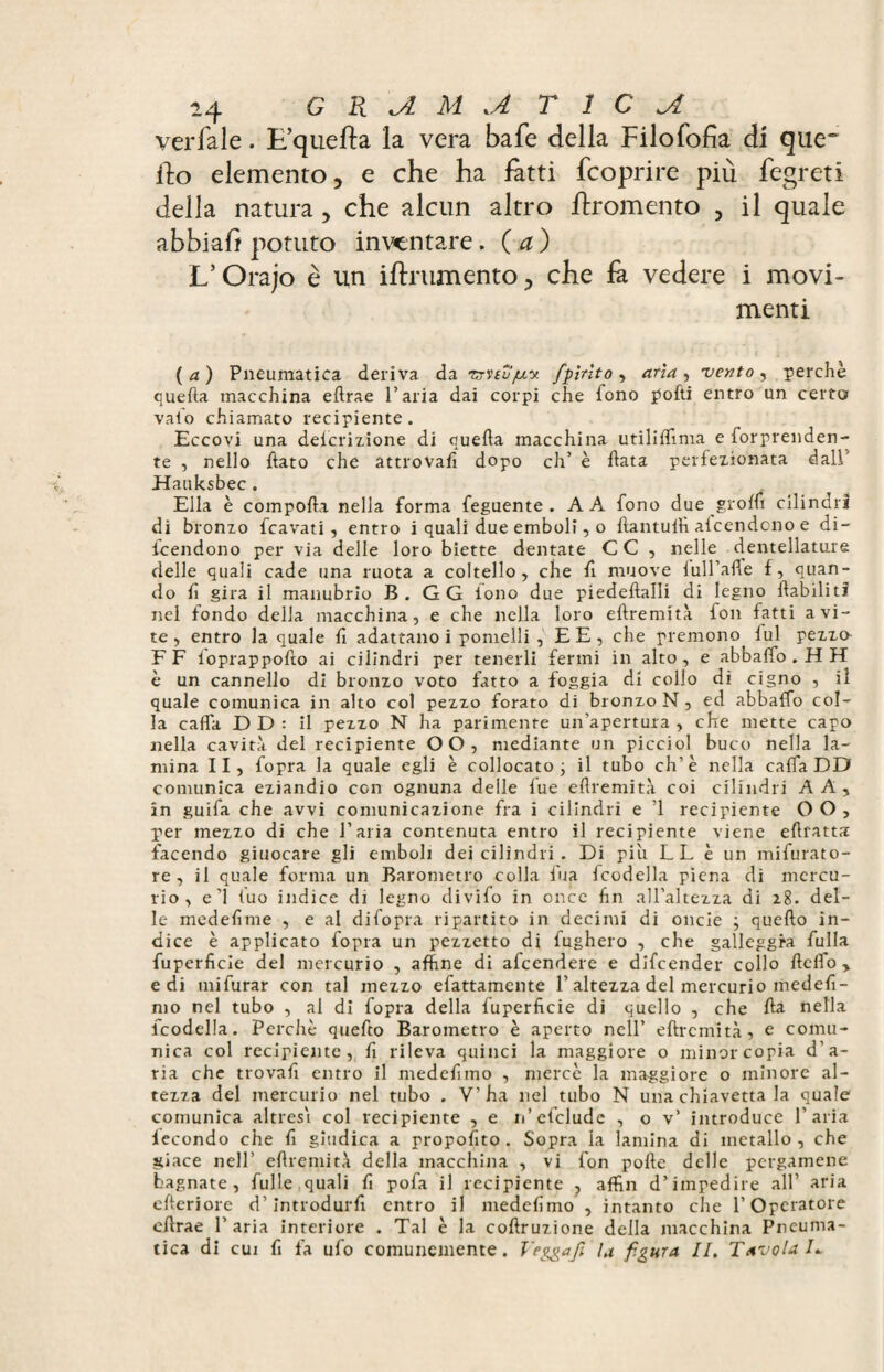 verfale. E’quefta la vera bafe della Filofofîa di que* ilo elemento, e che ha latti fcoprire più fegreti della natura , che alcun altro flromento , il quale abbiafi potuto inventare. ( a) L’Orajo è un iftrumento, che fa vedere i movi¬ menti (a) Pneumatica deriva da Tx'avfxy. fpìnto, aria, •vento, perchè quella macchina eftrae l’aria dai corpi che fono pofti entro un certo vaio chiamato recipiente. Eccovi una deicrizione di quefta macchina utiliflima e forprenden- te , nello ftato che attrovaft dopo eh’ è ftata perfezionata dall' Hauksbec. Ella è comporta nella forma feguente . A A fono due grofft cilindri di bronzo fcavati, entro i quali due emboli, o ftantuftì alcendcno e di- icendono per via delle loro biette dentate C C , nelle dentellature delle quali cade una ruota a coltello, che fi muove lull’afte f, quan¬ do ft gira il manubrio B. G G lono due piedeftalli di legno ftabilitf nel fondo della macchina, e che nella loro eftremità fon fatti avi¬ te, entro la quale ft adattano i pomelli , EE, che premono lui pezzo FF foprappofto ai cilindri per tenerli fermi in alto, e abbalfo . H H è un cannello di bronzo voto fatto a foggia di collo di cigno , il quale comunica in alto col pezzo forato di bronzo N , ed abballo col¬ la cafta D D : il pezzo N ha parimente un’apertura , che mette capo nella cavità del recipiente OO, mediante un picciol buco nella la¬ mina II, fopra la quale egli è collocato ; il tubo eh’è nella calla DD comunica eziandio con ognuna delle lue eftremità coi cilindri A A, in guifa che avvi comunicazione fra i cilindri e ’1 recipiente OO, per mezzo di che l’aria contenuta entro il recipiente viene eftratta facendo giuocare gli emboli dei cilindri . Di più LL è un mifurato- re , il quale forma un Barometro colla fu a fcodella piena di mercu¬ rio, e’1 tuo indice di legno divifo in once fin all’altezza di 28. del¬ le medefime , e al difopra ripartito in decimi di oncie ; quello in¬ dice è applicato fopra un pezzetto di fugherò , che galleggila fulla fuperficie del mercurio , affine di afeendere e difeender collo ftelTo > e di mifurar con tal mezzo efattamente l’altezza del mercurio medefi- mo nel tubo , al di fopra della fuperficie di quello , che fta nella fcodella. Perchè quefto Barometro è aperto nell’ eftremità, e comu¬ nica col recipiente, lì rileva quinci la maggiore o minor copia d’a¬ ria che trovarti entro il medefimo , mercè la maggiore o minore al¬ tezza del mercurio nel tubo . V’ha nel tubo N una chiavetta la quale comunica altresì col recipiente , e n’efclude , o v’ introduce l’aria fecondo che fi giudica a proposito . Sopra la lamina di metallo, che giace nell’ eftremità della macchina , vi fon porte delle pergamene bagnate, fui le quali ft porta il recipiente , affin d’impedire all’ aria efteriore d’introdurli entro il medefttno , intanto che l’Operatore eftrae l’aria interiore . Tal è la coftruzione della macchina Pneuma¬ tica di cui ft fa ufo comunemente. Vegga ft U figura II, Tavolai*