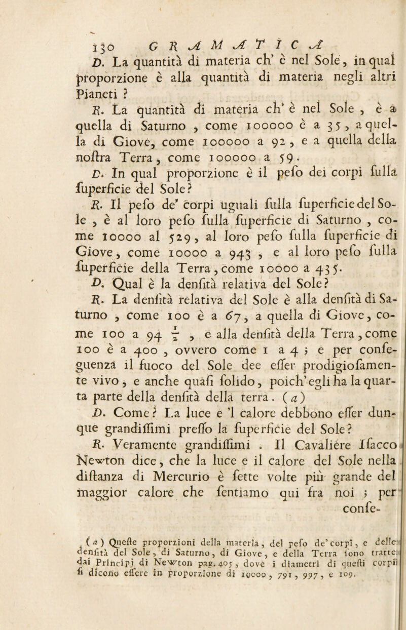 D. La quantità di materia ch5 è nel Sole, in qual proporzione è alla quantità di materia negli altri Pianeti ? 2?. La quantità di materia eh5 è nel Sole , è a quella di Saturno , come 100000 è a 35, a quel¬ la di Giove, come 100000 a 92 , e a quella della noftra Terra, come 100000 a 59. D. In qual proporzione è il pefo dei corpi fulla fuperficie del Sole? jR. Il pelo de* corpi uguali fulla fuperfìciedel So¬ le , è al loro pefo fulla fuperficie di Saturno , co¬ me 10000 al 529, al loro pefo fulla fuperficie di Giove, come 10000 a 943 , e al loro pefo fulla fuperficie della Terra, come 10000 a 435. A Qual è la denfità relativa del Sole? R. La denfità relativa del Sole è alla denfità di Sa¬ turno , come 100 è a 67 5 a quella di Giove, co¬ me 100 a 94 L , e alla denfità della Terra,come 100 è a 400 , ovvero come 1 a 4 5 e per confe- guenzà il fuoco del Sole dee effer prodigiofamen- te vivo, e anche quali folido, poich’egli ha la quar¬ ta parte della denfità della terra. (a) D. Come? La luce e ’1 calore debbono efier dun¬ que grandiffimi preffo la fuperficie del Sole? K- Veramente grandiflìmi . Il Cavalière ifacco Newton dice, che la luce e il calore del Sole nella diftanza di Mercurio è fette volte più grande del maggior calore che fentiamo qui fra noi ; per COnf'e- Gi Quelle proporzioni della materia, del pefo de’corpi, e delle:' ^enfiti del Sole, di Saturno, di Giove, e della Terra iono tratte;: j dai Principi di Newton pag.407, dove i diametri di quelli corpìi ü dicono edere in proporzione di 10000 , 791, 997, e 109.