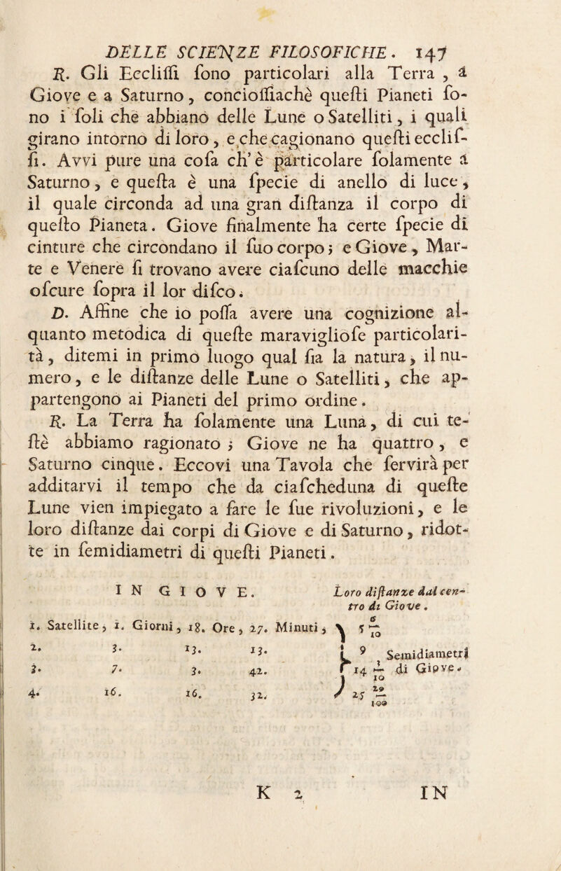 R. Gli Ecclilfi fono particolari alla Terra , â Giove e a Saturno, conciolfiachè quelli Pianeti fo¬ no i foli che abbiano delie Lune o Satelliti, i quali girano intorno di loro, e che cagionano quelli ecclif- fi. Avvi pure una co fa eh’è particolare folamente a Saturno, e quella è una fpecie di anello di luce, il quale circonda ad una gran diftanza il corpo di quello Pianeta. Giove finalmente ha certe fpecie di cinture che circondano il fuo corpo ; e Giove , Mar¬ te e Venere fi trovano avere ciafcuno delle macchie ofeure fopra il lor difeoi D. Affine che io polla avere una cognizione al¬ quanto metodica di quelle maravigliofe particolari¬ tà , ditemi in primo luogo qual fia la natura, il nu¬ mero , e le dillanze delle Lune o Satelliti, che ap¬ partengono ai Pianeti del primo ordine. R- La Terra ha folamente una Luna, di cui te- ftè abbiamo ragionato $ Giove ne ha quattro , e Saturno cinque. Eccovi una Tavola che fer vira per additarvi il tempo che da ciafcheduna di quelle Lune vien impiegato a fare le fue rivoluzioni, e le loro dillanze dai corpi di Giove e di Saturno, ridot¬ te in femidiametri di quelli Pianeti. IN GIOVE. Loro dìfìame dai cen¬ tro di Giove. 1. Satellite, i. Giorni, 18. Ore, 27. Minuti * ^ f * z* 15. ij. di Gip ve IO 42. L 9 Semidiametri r * 14 » IO