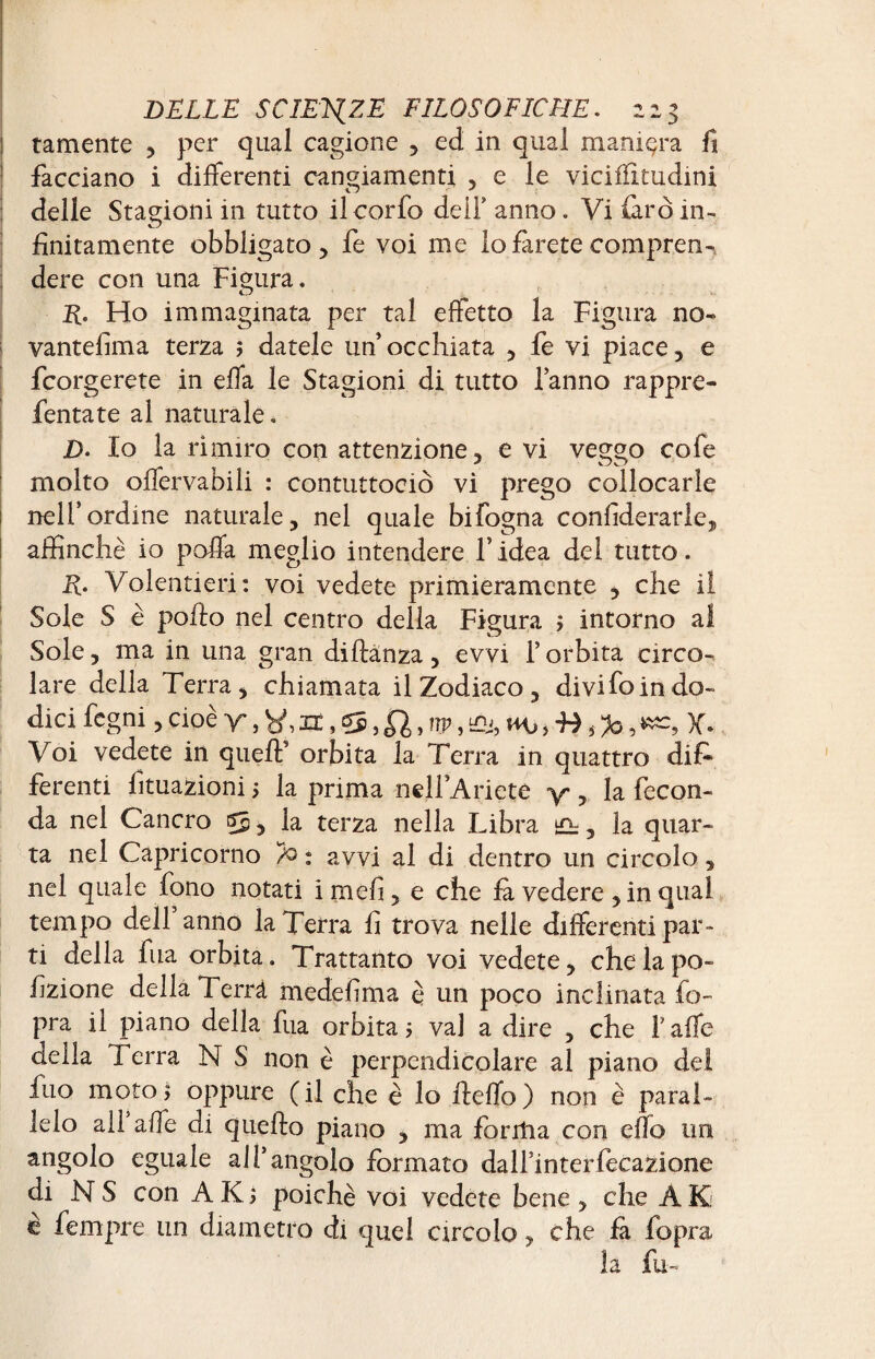 ì tamente , per qual cagione , ed in qual maniera fi facciano i differenti cangiamenti , e le viciifitudmi delle Stagioni in tutto ilcorfo dell’ anno. Vi farò in¬ finitamente obbligato 5 fe voi me lo farete compren¬ dere con una Figura. E- Ho immaginata per tal effetto la Figura no¬ yant e firn a terza ì datele un’occhiata , fe vi piace, e fcorgerete in effa le Stagioni di tutto fanno rappre- fentate al naturale. D. Io la rimiro con attenzione, e vi veggo cofe molto offervabili : contuttociò vi prego collocarle nell’ordine naturale, nel quale bifogna confiderarle, affinchè io poffa meglio intendere l’idea del tutto. E- Volentieri: voi vedete primieramente , che li Sole S è pofto nel centro della Figura ; intorno al Sole, ma in una gran diftànza, evvi f orbita circo¬ lare della Terra, chiamata il Zodiaco , divifoindo- dici fegni, cioè V, té,z£, &,£1, iip, ìDj, , F) s?o X. Voi vedete in quell’ orbita la Terra in quattro dif¬ ferenti fituazioni ; la prima nell’Ariete y , la fecon¬ da nel Cancro 55, la terza nella Libra , la quar¬ ta nel Capricorno Po « avvi al di dentro un circolo, nel quale fono notati imefi, e che fa vedere , in qual tempo dell anno la Terra fi trova nelle differenti par¬ ti della fua orbita. Trattanto voi vedete, che la po¬ lmone della Terrà medefima è un poco inclinata fo- pra il piano della fua orbitai vai a dire , che falle della Ferra N S non è perpendicolare al piano del fuo moto> oppure (il che è lo Hello) non è paral¬ lelo all affé di quello piano , ma forma con elfo un angolo eguale all’angolo formato dalfinterfecazione di NS con AKj poiché voi vedete bene, che AK è fempre un diametro di quel circolo, che fa fopra la fu-