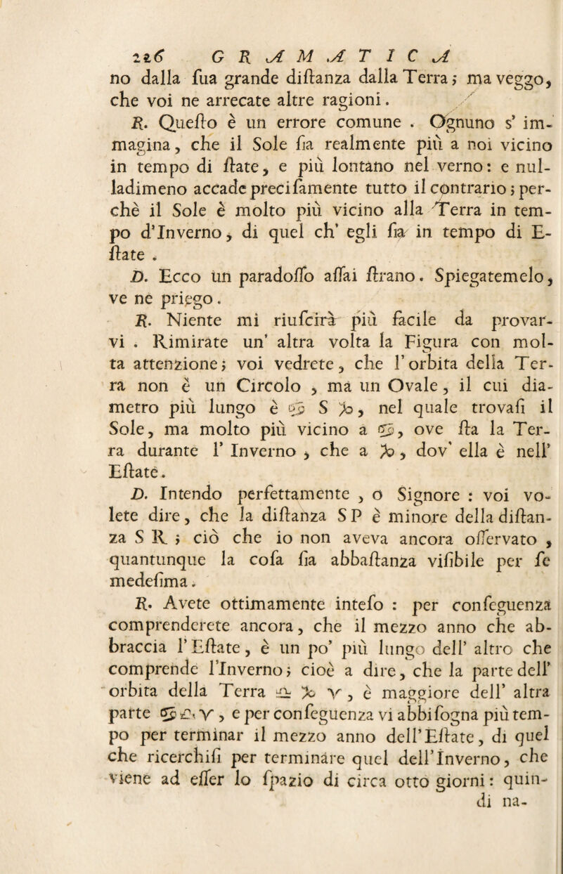 no dalla fua grande diftanza dalla Terra,* ma veggo, che voi ne arrecate altre ragioni. R. Queho è un errore comune . Ognuno s’ im¬ magina, che il Sole ha realmente più a noi vicino in tempo di Hate, e più lontano nel verno: e nul- ladimeno accadeprecifamente tutto il contrario ; per¬ chè il Sole è molto più vicino alla Terra in tem¬ po dTnverno, di quel eh’ egli ha in tempo di E- ffate . D. Ecco un paradoflb affai ftrano. Spiegatemelo, ve ne priego. R. Niente mi riuferrà più fàcile da provar¬ vi . Rimirate un’ altra volta la Figura con mol¬ ta attenzione ; voi vedrete, che l’orbita delia Ter¬ ra non è un Circolo , ma un Ovale, il cui dia¬ metro più lungo è S nel quale trovali il Sole, ma molto più vicino a ove Ila la Ter¬ ra durante 1* Inverno , che a ^ , dov' ella è nell’ Eftaté. D. Intendo perfettamente , o Signore : voi vo¬ lete dire, che la diftanza S P è minore della diftan- za S 11 ; ciò che io non aveva ancora offervato , quantunque la cofa ha abbaffanza vihbile per fc medehma. R. Avete ottimamente intefo : per confeguenza comprenderete ancora, che il mezzo anno che ab¬ braccia l’Effate, è un po’ più lungo dell’ altro che comprende l’Inverno; cioè a dire, che la parte dell’ orbita della Terra X Y, è maggiore dell’ altra parte > e per confeguenza vi abbi fogna più tem¬ po per terminar il mezzo anno deH’Effate, di quel che ricerchili per terminare quel dell’inverno, che viene ad effer lo fpazio di circa otto giorni : quin¬ di na-