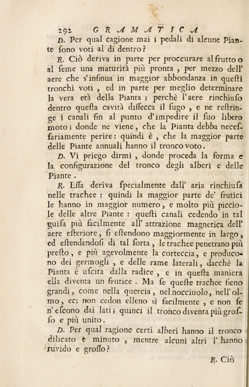 291 GRsAMJlT 1C U D. Per qual cagione mai i pedali di alcune Pian¬ te fono voti al di dentro? R. Ciò deriva in parte per proccurare al frutto o al feme una maturità più pronta , per mezzo dell’ aere che s’infinita in maggior abbondanza in quelli tronchi voti , ed in parte per meglio determinare la vera età della Pianta 5 perchè l’aere rinchiufo dentro quella cavità dilfecca il fugo , e ne reflrin- ge i canali fin al punto d’impedire il fuo libero moto ; donde ne viene, che la Pianta debba necef- fariamente perire: quindi è , che la maggior parte delle Piante annuali hanno il tronco voto. D. Vi priego dirmi , donde proceda la forma c la configurazione del tronco degli alberi e delle Piante . R. Efifa deriva fpecialmente dall’ aria rinchiufa nelle trachee : quindi la maggior parte de’ frutici le hanno in maggior numero, e molto più piccio- le delle altre Piante : quelli canali cedendo in tal guifa più fàcilmente all’ attrazione magnetica dell’ aere elleriore, fi eficndono maggiormente in largo, ed eftendendofi di tal forta, le trachee penetrano più preflo, e più agevolmente la corteccia, e produco¬ no dei germogli , e delle rame laterali, dacché la Pianta è ufcita dalla radice , e in quella maniera ella diventa un frutice . Ma fe quelle trachee fieno grandi, come nella quercia> nelnocciuolo, nell’ol¬ mo, ec: non cedon elleno sì fàcilmente , e non fe n efcono dai lati 5 quinci il tronco diventa piùgrof- fo e più unito. D. Per qual ragione certi alberi hanno il tronco di beato t minuto , mentre alcuni altri 1’ hanno ruvido e groffo? R. Ciò