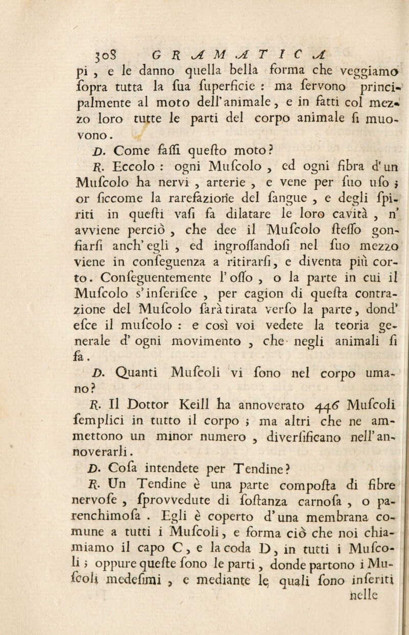 3oS GRAMMATICAL pi , e le danno quella bella forma che veggiamo .(opra tutta la fua fuperfìcie : ma fervono princi* palmente al moto dell'animale, e in fatti col mez* zo loro tutte le parti del corpo animale fi muo¬ vono . D. Come falli quello moto? R. Eccolo : ogni Mufcolo , ed ogni fibra d1 un Mufcolo ha nervi , arterie , e vene per fuo ufo $ or ficcome la rarefazioni del fangue , e degli fpi- riti in quefti vafi fa dilatare le loro cavità , n avviene perciò , che dee il Mufcolo Hello gon- fiarfi anch’ egli , ed ingollandoli nel fuo mezzo viene in confeguenza a ritirarfi, e diventa più cor¬ to. Confeguentemente rollo , o la parte in cui il Mufcolo s’inferifce , per cagion di quella contra¬ zione del Mufcolo farà tirata verfo la parte, dond* efce il mufcolo : e così voi vedete la teoria ge¬ nerale d’ ogni movimento , che- negli animali fi fa. D. Quanti Mufcoli vi fono nel corpo uma¬ no? R. Il Dottor Keill ha annoverato 446 Mufcoli femplici in tutto il corpo j ma altri che ne am¬ mettono un minor numero , diverlìficano nell’an¬ noverarli . D. Cofa intendete per Tendine? R. Un Tendine è una parte comporta di fibre nervofe , fprovvedute di fortanza carnofa , o pa- renchimofa . Egli è coperto d’una membrana co¬ mune a tutti i Mufcoli, e forma ciò che noi chia¬ miamo il capo C, e la coda D, in tutti i Mufco¬ li 5 oppure quelle fono le parti, donde partono i Mu¬ goli medefimi , e mediante le quali fono inferiti nelle
