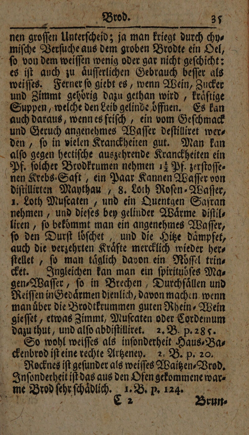 F nz 22 nen groſſen Unterſcheid; ja man kriegt ſo von dem weiſſen wenig oder gar nicht geſchicht: es iſt auch zu aͤuſſerlichen Gebrauch beſſer als und Zimmt gehörig dazu gethan wird , kraͤſtige Suppen, welche den Leib gelinde oͤffnen. Es kan und Geruch angenehmes Waſſer deſtilliret wer⸗ alſo gegen hectiſche auszehrende Kranckheiten ein Pf. ſolcher Brodkrumen nehmen 12 Pf. zerſtoſſe⸗ 1. Loth Muſcaten , und ein Quentgen Safran auch die verzehrten Kraͤfte mercklich wieder her⸗ RI Reiſſen in Gedaͤrmen dienlich, davon machen wenn dazu thut, und alſo abdiſtilliret. 2. B. p. 2889. ckenbrod iſt eine rechte Artzeney. 2. B. p. 20. me Brod ſehr ſchaͤdlich. 1. B. P. 14. J Brun⸗