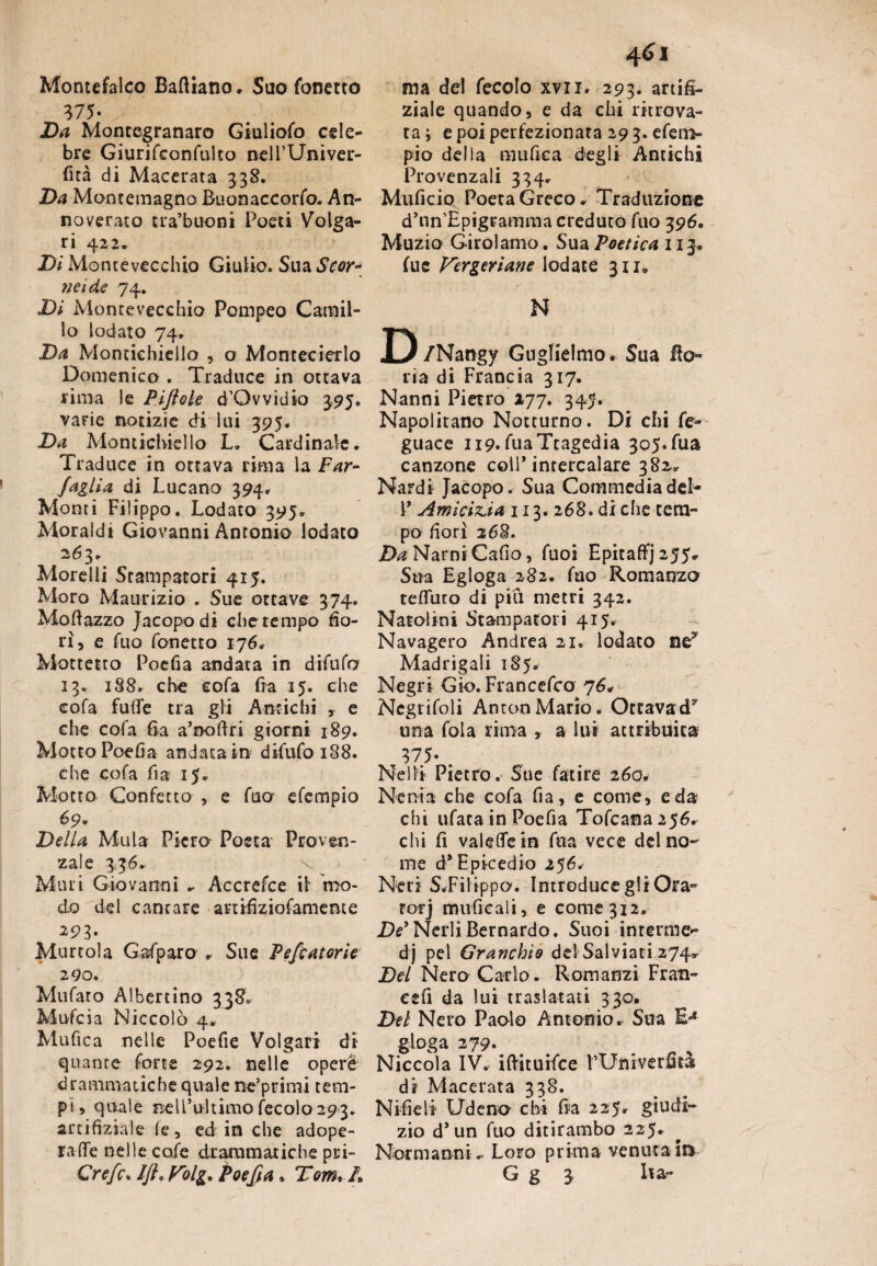 Montefalco Palliano. Suo Tonetto 375- Da Monte^ranaro Giuliofo cele¬ bre Giurjfconfulco nell’Univer- fità di Macerata 338. Da Montemagno Buonaccorfo. An¬ noverato tra’buoni Poeti Volga¬ ri 422. Di Montevecchio Giulio. Sua&w- ?ieide 74. Di Montevecchio Pompeo Camil¬ lo lodato 74. Da Montiehielio , o Montecierlo Domenico . Traduce in ottava rima le Piftcle d’Qv via io 3.95. varie notizie di lui 395, Da Montiehielio L. Cardinale, Traduce in ottava rima la Far- fagli a di Lucano 394, Monti Filippo. Lodato 395, Moraldi Giovanni Antonio lodato 263, Morelli Stampatori 415. Moro Maurizio . Sue ottave 374. Maflazzo Jacopo di che tempo fio¬ rì, e Tuo Tonetto 176, Mottetto Poefia andata in difufa 13. 188, che cofa fra 15. che eofa fu (Te tra gli Antichi , e che cofa fia a’nolìri giorni 189. Motto Poefia andata in difufo 188. che cofa fia 15, Motto Confetto , e Tuo efempio 69* Della Mula Piero Poeta- Proven¬ zale 336, v Muti Giovanni .. Accrefce il mo¬ do del carnate anifiziofamemte 293- Murtola Gafparo . Sue Pefcatorie 290. Mufato Albertino 338. Mufcia Niccolò 4,  Mufica nelle Poefie Volgari di quante Torte 292. nelle operè drammatiche quale ne’primi tem¬ pi, quale nell’ultimo fecolo 293. artifiziaie le, ed in che adope¬ ra (fe nelle coTe draramaxiche pri- 461 ma del fecolo xvii. 293. artig¬ liale quando, e da chi ritrova¬ ta \ e poi perfezionata 293. efeni- pio della mufica degli Antichi Provenzali 334, Muficiq Poeta Greco. Traduzione d’un’Epigramma creduto Tuo 396. Muzio Girolamo. Sua Poetica 113, Tue Vergeriane lodate 311» N D /Nangy Guglielmo. Sua Bo¬ ria di Francia 317. Nanni Pietro 177. 345. Napolitano Notturno. Di chi fe- guace 119. fuaTtagedia 305. Tua canzone coll* intercalare 382* Nardi Jacopo. Sua Commedia deh* V Amicizia 113. 268. di che tem¬ po fiorì 268. Da NarniCallo, Tuoi EpitafFj2,55^ Sua Egloga 282. Tuo Romanzo telfuto di piu metri 342. Natolini Stampatori 415. Navagero Andrea 21. lodato ney Madrigali 185. Negri Gk>. Francefco 76. Negrifoli Anton Mario. OttavacT una foia rima , a lui attribuita 375* . Nelli Pietro. Sue fati re 260. Nenia che cofa fia, e come, e da chi ufata in Poefia Tofcana256. chi fi valsile in Tua vece del no¬ me d* Epicedio 256* Neri S.Filippa. Introduce gli Ora- rorj unificali, e come 312. De'NerliBernardo. Suoi interine^ dj pel Granchio de! Sai viari 274^ Del Nero Carlo. Romanzi Frati- cefi da lui traslatati 330. Del Nero Paolo Antonio. Sua E* gloga 279. Niccola IV. iftituifee rUniverfità di Macerata 338. Nifieli Udeno- chi fra 225» giudi¬ zio d* un Tuo ditirambo 225. Normanni ^ Loro prima venuta li*