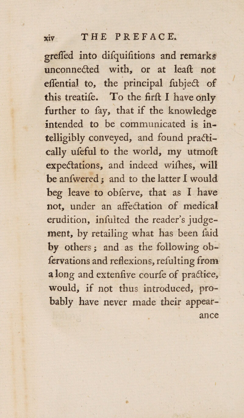 greffed into difquifitions and remarks unconnected with, or at lead: not * effential to, the principal fubject of this treatife. To the firft I have only further to fay, that if the knowledge intended to be communicated is in¬ telligibly conveyed, and found practi¬ cally ufeful to the world, my utmofl expectations, and indeed wifhes, will be anfwered; and to the latter I would beg leave to obferve, that as I have not, under an affectation of medical erudition, inful ted the reader’s judge¬ ment, by retailing what has been faid by others; and as the following ob- fervations and reflexions, refulting from a long and extenfive courfe of practice, would, if not thus introduced, pro¬ bably have never made their appear¬ ance