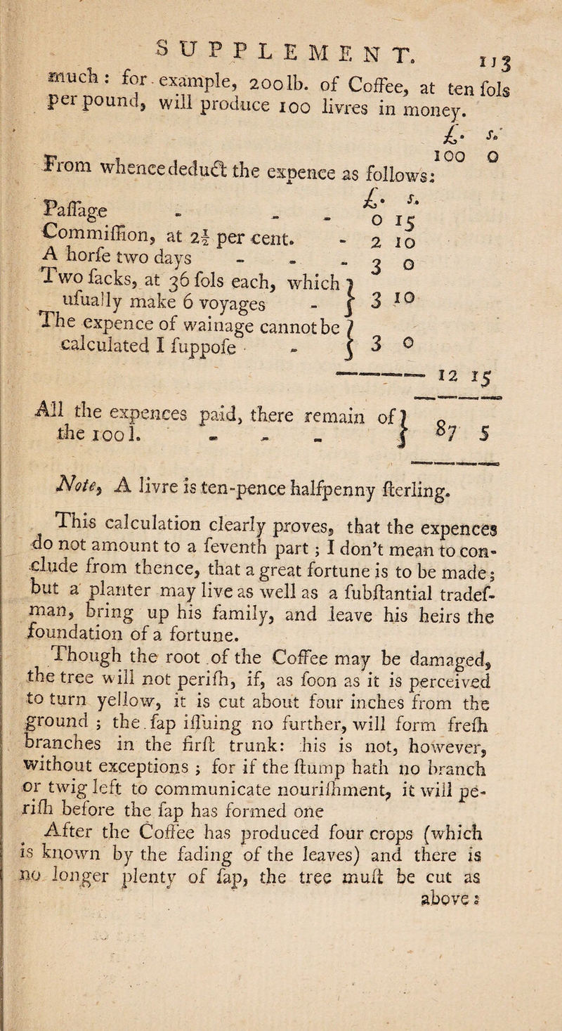 J» 0 SUPPLEMENT. 1,3 much: for. example, 200 lb. of Coffee, at ten fols pel pound, will produce 100 livres in money. From whence dedud the expence as follows: Paffage - , . Commiffion, at 2I per cent. A horfe two days Two facks, at 36 fols each, which 1 ufually make 6 voyages - j . The expence of wainage cannot be ? calculated I fuppofe - ji ^ ^ -T—— 12 15 All the expences paid, there remain of) « the 1001. . , . 1 ^ s. 0 2 JO 3 0 3 10 3 0 NoUy A livre is ten-pence halfpenny flerling. This calculation clearly proves, that the expences do not amount to a feventh part ; I don’t mean to con¬ clude from thence, that a great fortune is to be made; but a planter may live as well as a fubflantial tradef- man, bring up his family, and leave his heirs the foundation of a fortune. Though the root of the Coffee may be damaged, the tree will not perifh, if, as foon as it is perceived to turn yellow, it is cut about four inches from the ground ; the .fap ifluing no further, will form frefh branches in the ûrü trunk: his is not, however, without exceptions ; for if the flump hath no branch or twig left to communicate nourifhment, it will pe¬ rifh before the fap has formed one After the Coffee has produced four crops (which IS kirown by the fading of the leaves) and there is no longer plenty of fap, the tree mult be cut as above :