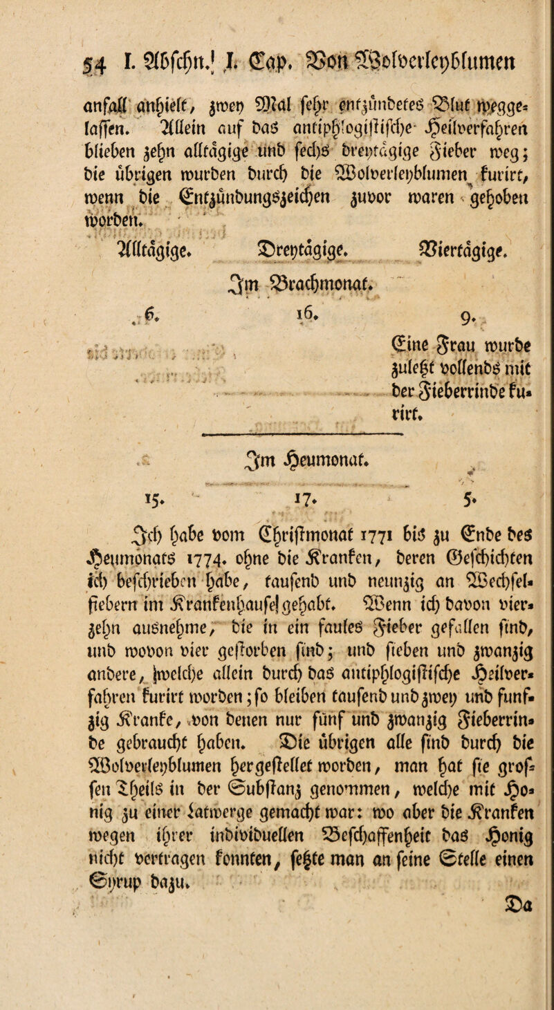 an faß mfyät, jmep 9Hdl fef>r enf|ünbefeS QMut tp^gge* laffen. 2lHein auf bas antiphlogtpifdje- J£>eilt>erfahren blieben ^n allfdgige unb fed)S bt*ei>tdgiqe giebet* n>eg; bie übrigen mürben burd) bie SBolnerlepblumen^ furirt, menn bie ©ntjünbungsjeichen jubor maren gehoben morben* 2(lltdgige* Sreptagige. Viertägige. SSrachmonat* * - * i 9* . (Eine grau mürbe jule|t bollenbS mit ber gieberrinbe fu* rirf* .ft #eumonat* •9t 15. ' !?♦ 5* ^cf) habe bom d^ripmonat 1771 bis ju ©nbe bes JjJepmpnafS 1774* ohne bie Äranfen, beren ©efchtd)ten id) befc^rieben habe, taufenb unb neunzig an Söechfel- pebern im $ ranfenhaufe| gehabt, ®enn id) babon hier» je^n aus nehme, bie in ein faules gieber gefallen ftnb, unb mobon hier geworben ftnb; unb fteben unb ^manpg anbere, jmeld)e allein burchbas autipf)logipifd)e Silber* fahren furirt morben ;fo bleiben taufenb unb $mep unb fünf¬ zig Äranfe, mon benen nur fünf unb jmatqig gieberrin» be gebraucht haben* Sie übrigen alle ftnb burd) bie ® olberlepblumen ^rqeffeKet morben, man fyat fie grof* fen ^heils in ber ©ubpanj genommen, melche mit Jpo* mg ju einer iafmerge gemacht mar: mo aber bie Traufen megen ihrer inbibibuellen S3efd)a(fenheit bas Jpontg nid)t vertragen fonnten, fe|teman an feine ©teile einen ©prup bajiu Sa