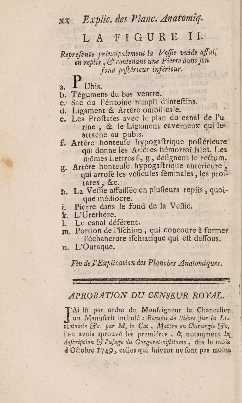 LA -FIGURE IL Reprefente principalement la Veffie vuide affaf en replis, â? contenant une Pierre dansjon fond pojlérieur inférieur. a. P Ubis. b. Tégumens du bas ventre. c. * Sac du Péritoine rempli d'intedins. d. Ligament & Artère ombilicale. e. Les Prodates avec le plan du canal de Pu rine , & le Ligament caverneux qui lef attache au pubis. f. Artère honceufè hypogadrique podérieura qui dan ne les Artères hémorroïdales. Les mêmes Lettres f, g, défignent le reftum. g. Artère honteufe hypogaftrique antérieure , qui arrofe les véücuîes féminales, les profi¬ tâtes s &c. h. La Vefiie affaifTée en pluüeurs replis 3 quoL que médiocre. i Pierre dans le fond de la Vefiie. k. L’Urethére. l. Le canal déférent. m. Portion de l’îfchion , qui concoure à former l’échancrure ifchïacique qui efl deffous. îi. L'Ouraque. Fin de R Explication des Planches Anatomiques. APROBATION DU CENSEUR ROYAL. J’Ai lu par ordre de Monfeigneur le Chancelier un JV^anufcrit intitulé : Recueil de Pièces fur la Lu ■ tbotoinie &c. par M. le Cat , Maître en Chirurgie &c. j’en avois aprouvé les premières , <% notamment lt\ defcription & Tuf âge du Gorger et-cijlitome , dès le mois 4 Oftobre 17493 celles qui fuivent ne font pas moins