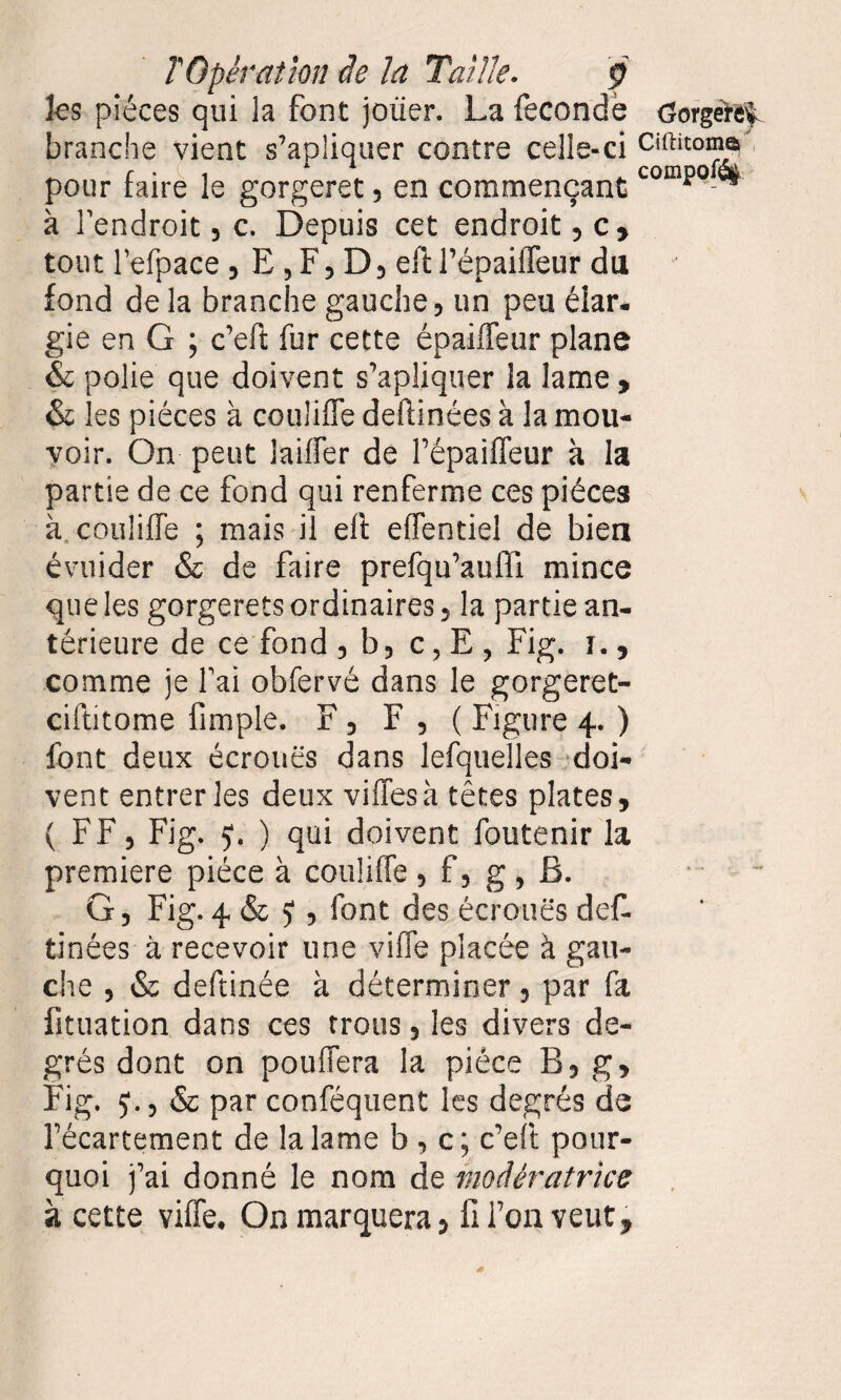 ks pièces qui la font jouer. La fécondé Gorgere^ branche vient s’apliquer contre celle-ci Ciftit01^ pour faire le gorgeret, en commençant comP° ®*L à l’endroit, c. Depuis cet endroit, c, tout l’efpace, E , F, D, eft l’épaiffeur du fond de la branche gauche, un peu éiar. gie en G ; c’eft fur cette épaiiTeur plane & polie que doivent s’apliquer la lame , & les pièces à couliffe deftinées à la mou¬ voir. On peut lailfer de l’épaiffeur à la partie de ce fond qui renferme ces pièces à couliffe ; mais il eft effentiel de bien évuider & de faire prefqu’auffi mince que les gorgerets ordinaires. la partie an¬ térieure de ce fond , b, c, E, Fig. i., comme je l’ai obfervé dans le gorgeret- ciftitome fimple. F, F , ( Figure 4. ) font deux écrouës dans lefquelles doi¬ vent entrer les deux viffesà têtes plates, (FF, Fig. y. ) qui doivent foutenir la première pièce à couliffe , f, g , B. G, Fig. 4 & J , font des écrouës def. tinées à recevoir une viffe placée à gau¬ che , & deftinée à déterminer, par fa fituation dans ces trous , les divers de¬ grés dont on pouffera la pièce B, g, Fig. j., & par conféquent les degrés de l’écartement de la lame b , c; c’eft pour¬ quoi j’ai donné le nom de modératrice à cette viffe. On marquera, fi l’on veut.