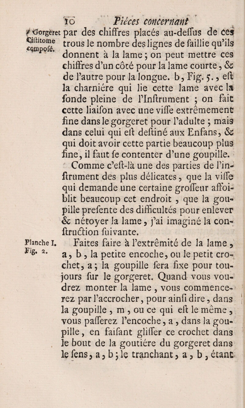 ><r-' ■ y, /Gorgeret par des chiffres placés au-deffus de ces Ciftitome trous le nombre des lignes de faillie qu’ils donnent a la lame ; on peut mettre ces chiffres d’un côté pour la lame courte, & de l’autre pour la longue, b, Fig. J., eft la charnière qui lie cette lame avec la fonde pleine de rinftrument ; on fait cette liaifon avec une viffe extrêmement fine dans le gorgeret pour l’adulte ; mais dans celui qui eff deftiné aux Enfans, & qui doit avoir cette partie beaucoup plus fine, il faut fe contenter d’une goupille. Comme c’eft-là une des parties de fin- ftrument des plus délicates, que la viffe qui demande une certaine groffeur affoi- blit beaucoup cet endroit , que la gou¬ pille prefente des difficultés pour enlever & nétoyer la lame, j’ai imaginé la con- ftruétion fuivante. Faites faire à l’extrémité de la lame , a, b , la petite encoche, ou le petit cro¬ chet, a; la goupille fera fixe pour tou¬ jours fur le gorgeret. Quand vous vou¬ drez monter la lame , vous commence¬ rez par l’accrocher, pour ainli dire, dans la goupille , m , ou ce qui eft le même, vous pafferez l’encoche, a , dans la gou¬ pille , en faifant gliffer ce crochet dans le bout de la goutiére du gorgeret dans le fens, a, b ; le tranchant, a, b, étant Planche I. Pig. 2.