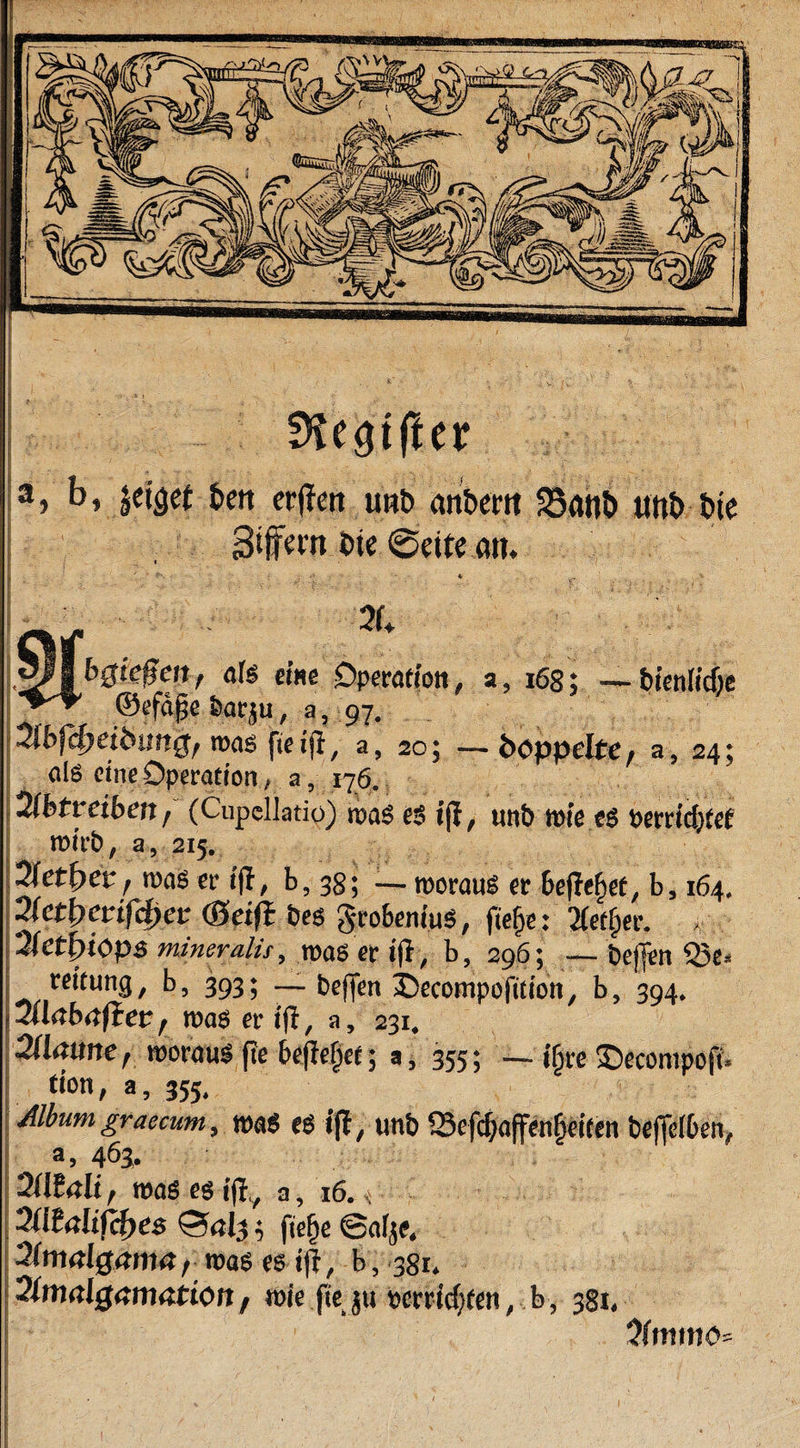 SKegtfler a, b, jettet £&gt;ett ertfett utib anbertt 23ant&gt; uttt&gt; t&gt;te Stffern t&gt;ie ©eite an. 2L bgießat, als eine Operation a 168; — bienlidje ©efa$efearju, a, 97. 3ibfd)cibit?tß[ was fieijl, a, 205 — boppeltC/ a, 24; als eine Operation, a, 176. Kbtveiben f (Cupcl)atio) was es fff, unb wie es oemcftet wirb, a , 215. 3fetf&gt;ep r was er fff, b, 38; — woraus er befielet, b, 164. 2(etbevifd)ev (Beiß bes grobeniuS, fiefye: Xetfper. » Stctfjföps mineralit, was er i(i, b, 296; —befen Q3e* reituiig, b, 393; _ beffen ibecompofition. b, 394. Üüabaftev, was er tff, a, 231. Stimme, woraus fie befielet; a, 355; —ifjre £)econipofi* t'ßi/ a, 355. Album graecum, was eS ijf, unb a&gt; 463. wasesifl, a, 16. &lt; 2iiStfIifcf&gt;es ®öl3 \ fieffe ©atje. 2(malgama, was es iff, b, 381. 2(tmlgnmationf wie fieju «errichten, b, 38t,