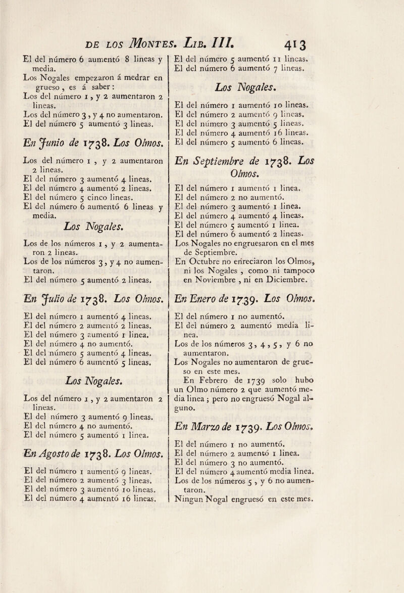El del numero 6 aumento 8 lineas y media. Los Nogales empezaron á medrar en grueso , es á saber : Los del número i,y 2 aumentaron 2 lineas. Los del numero 3 , y 4 no aumentaron. El del número 5 aumento 3 lineas. En Junio de 1738. Los Olmos. El del número 5 El del número 6 413 aumento 11 lineas, aumentó y lineas. Los Nogales. El del número 1 El del número 2 El del número 3 El del número 4 El del número 5 aumentó 10 lineas, aumentó 9 lineas, aumentó 5 lineas, aumentó 16 lineas, aumentó 6 lineas. Los del número 1 , y 2 aumentaron 2 lineas. El del número 3 aumentó 4 lineas. El del número 4 aumentó 2 lineas. El del número 5 cinco lineas. El del número 6 aumentó 6 lineas y media. Los Nogales* Los de los números 1 5 y 2 aumenta¬ ron 2 lineas. Los de los números 3, y 4 no aumen¬ taron. El del número 5 aumentó 2 lineas. En Julio de 173 8, Los Olmos. El del número i aumentó 4 lineas. El del número 2 aumentó 2 lineas. El del número 3 aumentó r linea. El del número 4 no aumentó. El del número 5 aumentó 4 lineas. El del número 6 aumentó 5 lineas. Los Nogales* Los del número i,y 2 aumentaron 2 lineas. El del número 3 aumentó 9 lineas. El del número 4 no aumentó. El del número 5 aumentó 1 linea. En Agosto de 1738. Los Olmos. El del número i aumentó 9 lineas. El del número 2 aumentó 3 lineas. El del número 3 aumentó 10 lineas. El del número 4 aumentó 16 lineas. En Septiembre de 1738. Los Olmos. El del número 1 aumentó 1 linea. El del número 2 no aumentó. El del número 3 aumentó 1 linea. El del número 4 aumentó 4 lineas. El del número 5 aumentó 1 linea. El del número 6 aumentó 2 lineas. Los Nogales no engruesaron en el mes de Septiembre. En Octubre no enredaron los Olmos., ni los Nogales , como ni tampoco en Noviembre , ni en Diciembre. En Enero de 17:39. Los Olmos. El del número i no aumentó. El del número 2 aumentó media li¬ nea. Los de los números 3, 4,5, y 6 no aumentaron. Los Nogales no aumentaron de grue¬ so en este mes. En Febrero de 1739 solo hubo un Olmo número 2 que aumentó me¬ dia linea ; pero no engruesó Nogal al¬ guno. En Marzo de 1739. Los Olmos* El del número i no aumentó. El del número 2 aumentó 1 linea. El del número 3 no aumentó. El del número 4 aumentó media linea. Los de los números 5 5 y 6 no aumen¬ taron. Ningún Nogal engruesó en este mes.