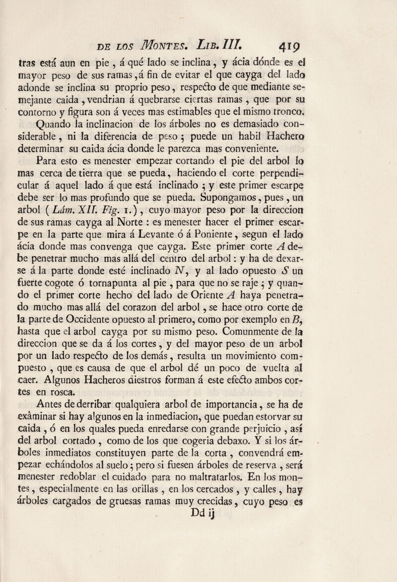 tras está aun en píe , á qué lado se inclina, y acia dónde es el mayor peso de sus ramas,á fin de evitar el que cayga del lado adonde se inclina su proprio peso, respedo de que mediante se¬ mejante caída , vendrían á quebrarse ciertas ramas, que por su contorno y figura son á veces mas estimables que el mismo tronco, Quando la inclinación de los árboles no es demasiado con¬ siderable , ni la diferencia de peso 5 puede un hábil Hachero determinar su caída ácia donde le parezca mas conveniente. Para esto es menester empezar cortando el pie del árbol lo mas cerca de tierra que se pueda, haciendo el corte perpendi¬ cular á aquel lado á que está inclinado 5 y este primer escarpe debe ser lo mas profundo que se pueda. Supongamos, pues , un árbol (Lám.XIL Fig. 1.), cuyo mayor peso por la dirección de sus ramas cayga al Norte : es menester hacer el primer escar» pe en la parte que mira á Levante ó á Poniente, según el lado ácia donde mas convenga que cayga. Este primer corte A de¬ be penetrar mucho mas allá del centro del árbol: y ha de dexar- se á la parte donde esté inclinado ZV, y al lado opuesto S un fuerte cogote ó tornapunta al pie , para que no se raje 5 y quan¬ do el primer corte hecho del lado de Oriente A haya penetra¬ do mucho mas allá del corazón del árbol, se hace otro corte de la parte de Occidente opuesto al primero, como por exemplo en hasta que el árbol cayga por su mismo peso. Comunmente de la dirección que se da á los cortes, y del mayor peso de un árbol por un lado respedo de los demás, resulta un movimiento com¬ puesto , que es causa de que el árbol dé un poco de vuelta aí caer. Algunos Hacheros diestros forman á este efedo ambos cor¬ les en rosca. Antes de derribar qualquiera árbol de importancia, se ha de exáminar si hay algunos en la inmediación, que puedan estorvar su caída , ó en los quales pueda enredarse con grande perjuicio , así del árbol cortado , como de los que cogería debaxo. Y si los ár¬ boles inmediatos constituyen parte de la corta , convendrá em¬ pezar echándolos al suelo 5 pero si fuesen árboles de reserva , será menester redoblar el cuidado para no maltratarlos. En los mon¬ tes , especialmente en las orillas, en los cercados , y calles , hay árboles cargados de gruesas ramas muy crecidas, cuyo peso es Ddij
