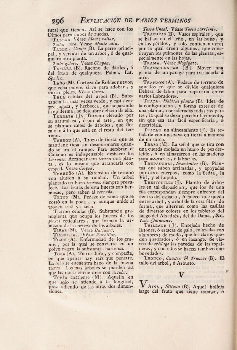 tural que tienen. Así se hace con los Olmos para cubos de ruedas. Tallar Véase Monte tallar. , Tallar alto. Véase Monte alto. Tallo , Caulis (B). La parte princi¬ pal , y vertical de un árbol, ó de qual¬ quiera otra planta. Tallo goloso. Véase Chupón. Tamara (B). Racimo de dátiles , ó del fruto de qualquiera Palma. Lat. Spadix. TAño (Mb Corteza de Robles nuevos, que echa polvos sirve para adobar , y curtir pieles. Véase Casca. Tela celular del árbol (B). Subs¬ tancia las mas veces verde , y casi siem¬ pre jugosa , y herbácea , que separando la epiderma , se descubre debaxo de ella. Terraza (J). Terreno elevado por su naturaleza , ó por el arte , en que se plantan calles de árboles , que do¬ minan á lo que está en el resto del ter¬ reno. Terrón (A). Trozo de tierra que se mantiene tiesa sin desmoronarse quan- do se ara el campo. Para sembrar el Cáñamo es indispensable deshacer los terrones. Arrancar con terrón una plan¬ ta , es lo mismo que arrancarla con cesped. Véase Cesped. TERRuño (A). Extension de terreno con alusión á su calidad. Un árbol plantado en buen terruño siempre preva¬ lece. Las frutas de esta huerta son her¬ mosas , pero saben al terruño. Teton (M). Pedazo de rama que se cortó en la poda , y aunque unido al tronco está ya seco. Texido celular (B). Substancia gra- nugienta que ocupa los huecos de los plexos reticulares , que forman la ar¬ mazón de la corteza de los árboles. Tiraz (M). Véase Batidera. Tixeretas. Véase Zarcillos. Tizón (A). Enfermedad de los gra¬ nos , por la qual se convierte en un polvo negro la substancia harinosa. Toba (A). Tierra dura , y compaéfa, en que apenas hay raíz que penetre. La toba se encuentra baxo de la buena tierra. Los mas árboles se pierden así que las raíces encuentran con la toba. Toesa corriente (M). Aquella en que solo se atiende á la longitud, prescindiendo de las otras dos dimen¬ siones. Toesa lineal. Véase Toesa corriente. Tracheas (B). Vasos espirales , que se hallan en el leño , en las hojas, y en los pétalos, y solo contienen ayre; por lo qual creen algunos, que cons¬ tituyen los pulmones de las plantas, es¬ pecialmente en las hojas. Trama. Véase Mogigato. Transplantar (B). Mover una planta de un parage para trasladarla á otro. Tranzón (A). Pedazo de terreno de aquellos en que se divide qualquiera Dehesa de labor para repartirla entre varios Labradores. Traza , Habitus plantee (B). Idea de la configuración , y forma exterior de una planta, consideradas todas sus par¬ tes ; la qual se dexa percibir fácilmente, sin que sea tan fácil especificarla , ó describirla. Trazar un alineamiento (J). Es se¬ ñalarle con una raya en tierra á manera de un surco. Trazo (M). La señal que se tira con una cuerda mojada en humó de pez des¬ leído , ó en almazarrón en las maderas para asserarlas , ó labrarlas. Trepadoras , Scandentes (B). Plan¬ tas que suben arrimadas , y apoyadas por otros cuerpos, como la Yedra , la Vid , y el Lupulo. Tresvolillo (J). Plantío de árbo¬ les en tal disposición , que los de una fila correspondan siempre enfrente del centro del espacio , ó hueco que queda entre árbol , y árbol de la otra fila : de forma, que alternen como las casillas de diversos colores en los tableros del juego del Alxedréz, del de Damas , &c. Lat. Quincunx. Trillage (J). Enrejado hecho de listones, ó estacas de palo, enlazadas con alambres; de modo, que los claros que¬ den quadrados , ó en losange. Se vis¬ ten de trillage las paredes de las espal¬ deras , y corTellos se hacen también em¬ bovedados. Tronco , Caudex & Truncus (B). El tallo del árbol, ó Arbusto. v Vaina , Sil?qua (B). Aquel hollejo largo del fruto que tiene suturas} o