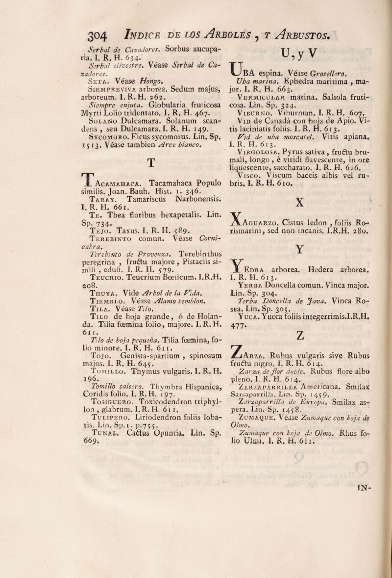 U, y V Serbal de Cazadores. Sorbus aucupa- ria. I. R. H. 634. Serbal silvestre. Véase Serbal de Ca¬ zadoreso Seta. Véase Hongo. Siempreviva arbórea. Sedum majus, arboreum. I.R. H. 262. Siempre enjuta. Globularia fruticosa Myrti Lolio tridentato. I. R. H. 467. Solano Dulcamara. Solanum scan- dens , seu Dulcamara. I. R. H. 149. Sycomoro. Ficus sycomorus. Lin. Sp. 15 í 3. Véase también Arce blanco. T Tacamahaca. Tacamahaca Populo si mi lis. Joan. Bauh. Hist. 1. 346. Taray. Tamariscus Narbonensis. I. R. H. 661. Te. Thea floribus hexapetalis. Lin. Sp. 734. Tejo. Taxus. I. R. H. 589. Terebinto común. Véase Corni¬ cabra. Terebinto de Provenza. Terebinthus peregrina , fruétu majore , Pistaciis si- mili , eduli. I. R. H. 579. Teucrio. Teucrium Bceticum. I.R.H. coB. Thuya o Vide Arbol de la Vida. Tiemblo. Véase Alamo temblón. Tila. Véase Tilo. Tilo de hoja grande, ó de Holan¬ da. Tilia foemina folio, majore. I. R. H. óíi. T¡lo de hoja pequeña. Tilia foemina, fo¬ lio minore. I. R. H. 611. Tojo. Genista-spartium , spinosum majus. I. R. H. 645. Tomillo, Thymus vulgaris. I. R. H. 19b. Tomillo salsero. Thymbra Hispánica, Coridis folio. I. R. H. 197. Tosiguero. Toxicodendron triphyl- lon , glabrum. I.R. H. 611. Tulipero. Liriodendron foliis loba- tis. Lin. Sp. í. p.75 5. Tunal. Caétus Üpuntia. Lin. Sp. 669. Uba espina. Véase Grosellero. Uba marina. Ephedra maritima , ma¬ jor. 1. R. H. 663. Vermicular marina. Salsola frutí- cosa. Lin. Sp. 324. Viburno. Viburnum. I. R. H. 607. Vid de Canadá con hoja de Apio. Vi- tis laciniatis foliis. I. R. H. 613. Vid de uba moscatel. Vitis apiana. I. R. H. 613. VIRGOLOSA. Pyrus sativa, fruélu bru- mali, longo , é viridi flavescente, in ore liquescente, saccharato. 1. R. H. 626. Visco. Viscum baccis albis vel ru- bris. I. R. H. 610. x X^Aguarzo. Cistus ledon , foliis Ro- rismarini, sed non incanis. I.R.H. 280. Y ^Í^Edra arbórea. Hederá arbórea. I. R. H. 613. Yerba Doncella común. Vinca major. Lin. Sp. 304. i'Yerba Doncella de Java. Vinca Ro¬ sea. Lin. Sp. 3°S. Y uc a. Y ucea foliis integerrimis.I.R.H. 477. z ^(Arza. Rubus vulgaris si ve Rubus fruéfu nigro. 1. R. H. 614. Zarza de flor doble. Rubus flore albo pleno. I. R. H. 614. Zarzaparrilla Americana. Smilax Sarsaparrilla. Lin. Sp. 1459* Zarzaparrilla de Europa. Smilax as- pera. Lin. Sp. 145:8. Zumaque. Véase Zumaque con hoja de Olmo. Z,umaque con hoja de Olmo. RLus fo¬ lio Ulmi. 1, Ra H; 6x1. ÍN-