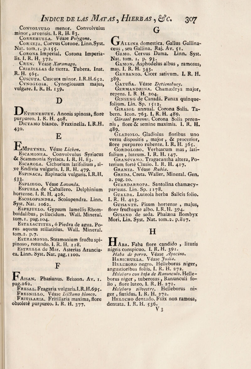 Convólvulo menor. Convolvulus minor, arvensis. I. R. H. 83. Correhuela. Véase Polygono. Corneja. Corvus Corone. Linn.Syst. Nat. tom. 1. p. j 5 $. Corona Imperial, Corona Impería- lis. I. R. H. 372, Cren. Véase Xar amago. Criadillas de tierra. Tubera. Inst. R. H. $6$. Cuscuta. Cuscuta minor. I.R.H.652. Cynoglosa. Cynoglossum majus, vulgare. I, R, H, 139, D Detienebuey. Anonis spinosa, flore purpureo, i. R. H. 408. Díctamo blanco. Fraxinella, LR.H, 430. E Bmpeynes. Véase Lichen, Escamonea. Convolvulus Syriacus & Scammonia Syriaca. I. R. H. 83. Escarola. Cichorium latifolium , si- ye Endivia vulgaris. I. R. H. 479. Espinaca. Espinada vulgaris. I.R.H. 533. Espliego. Véase Lavanda, Espuela de Caballero, Delphinium hortense. I. R. H. 426. Escolopendra. Scolopendra. Linn. Syst. Nat. 1062. Espejuelo. Gypsum lamellis Rhom- boidalibus, pellucidum. Wall. Mineral, tom.i. pag.104. Estalactites , ó Piedra de agua. Po- rus aqueus stillatitius. Wall. Mineral, tom.2. p.7. Estr-AMonio. Stramonium fruduspi- pinoso, rotundo. I. R. H, 118. Estrella de Mar. Asterias Aranda- ca, Linn, Syst. Nat, pag. 1100. F F*Aisan. Phasianus. Brísson. Av. 1. pag.262. Fresal. Fragaria vulgaris.I.R.H.695;. Fresnillo. Véase Difamo blanco. Fritilaria. Fritillaria maxima, flore obsolete purpureo. X, R, H. 377, G CjtAllina domestica. Gallus Gallina- ceus , seu Gallina. Raj. Av. 51. Gamo. Cervus Dama. Linn. Syst. Nat. tom. i. p. 93* Gamón. Asphodelus albus , ratnosus, mas. I. R. H. 343. Garbanzo. Cicer sativum. I. R. H. 389. GATuñA. Véase Detienebuey. Germandrina. Chamaedrys major, repens. I. R. H. 204. Ginseng de Canadá. Panax quinque- folium. Lin. Sp. 1512. Girasol annual. Corona Solis. Ta- bern. Icon. 763. I. R, H. 489. Girasol perenne. Corona Solis peren- nis , flore & semine maximis. I. R. H. 489. Gladiolo. Gladiolus floribus uno versu dispositis , major , & procerior, flore purpureo rubente. I. R. H. 365. Gordolobo. Verbascum mas, lati¬ folium , luteum. I. R. H. 147. Grancvano. Tragacantha altera, Po- terium forte Clusio. I. R. H. 417. Granza. Véase Rubia. Greda. Creta. Waller, Mineral. Gen, 2. pag. 20. Guardarropa. Santolina chamaecy- parissus. Lin. Sp. 1178. Gualda. Luteola herba Salicis folio. I. R. H. 423. Guisante. Pisum hortense , majus, flore fruduque albo. I. R.H, 394. Gusano de seda. Phaléena Bombyx Mori, Lin, Syst, Nat. tom.2, p.817. ' H Haba. Faba flore candido , liturís nigris conspicuo. I. R. H. 391. Haba de perro. Véase Apocino• H abichuela. Véase Judia. Heleboro negro. Helleborus niger* angustioribus foliis. I. R. H. 272. Heleboro con hoja de Ranúnculo. Helle¬ borus niger , tuberosus , Ranunculi fo¬ lio , flore lúteo. I. R. H, 272. Heleboro silvestre. Helleborus ni¬ ger , foetidus. I. R. H. 272. Helécho dentado. Filix non ramosa s dentata, I. R, H. $36. y 3