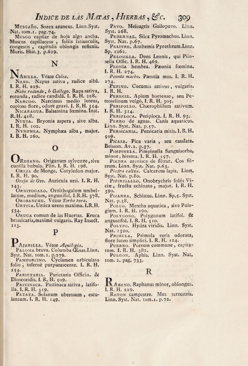 Musgaíio. Sorex araneus. LinmSyst; Nat. tom.í. pag.74. Musgo capilar de hoja algo ancha. Muscus capillaceus , foliis latiusculis, congestis , capiiulis oblongis reflexis. Moris, Hist.3. P.Ó29. N ^Íabilla. Véase Coha» Nabo. Napus sativa , radice alba. I. R. H. 229. Nabo redondo , ó Gallego. Rapa sativa, rotunda, radice candidá. I* R. H. 228* Narciso. Narcissus medio luteus* copioso flore, odore gravi. I. R.H. 354. Nicaragua. Balsamina íbemina. lnst. R.H. 418. Nueza. Bryonia aspera 9 si ve alba. I. R. H. 102. Nymphea. Nymphaea alba 9 major. I, R. H. 260. o Oregano. Origanum sy!vestre,sive cunilla bubula. Plin. I. R. H. 198. Oreja de Monge. Cotyledon major. I. R. H. 90. Oreja de Oso. Auricula ursi. L R. H. 143- Ornitogalo. Ornithogalum umbel- latum, medium, angustifol. I.R.H. 378. Orobanche. Véase Yerba tora. Ortiga. Urtica urens maxima. LR.H. 534. Oruga común de las Huertas, Eruca brassicaria,máxime vulgaris. Ray InseéL 113. P Pajarilla. VéaAquilegia, Paloma brava. Columba CEnas.Linn» Syst. Nat. tom.í. p*279. Pamporcino. Cyclamen orbiculato folio i inferné purpurascente. I. R. H. m- . 4 Parietaria. Parietaria Offlcin. & Dioscoridis. I. R. H. 509. Pastinaca. Pastinaca sativa > latifo- lia. I. R. H. 319. Patata. Solanum uberosum , escu» lentmxi. I. R. H, 149, Pavo. Meleagris Gallo pavo. Lina. Syst. 268. Pedernal. Silex Pyromachus. Linn* Syst. Nat. p.67. Pelitre. Anthemis Pyrethrum.Lmna Sp. 1262. Pelosilla. Dens Leonis, qui Pilo- sella Offic. I. R. H. 469. Peonía hembra. Pseonia foemina® I. R. H. 274. Peonía macho, Pasonía mas. I. R. HL 274. Pepino. Cucumís sátivus , vulgaris» I. R. H. Peregil. Apium hortense, seu Pe^ troselinum vulgo. I. R. H. 305. Perifollo. Chaerophillum sativum. I. R. H. 314. Periploca. Periploca. í. R. H. 93. Perro de aguas. Canis aquaticus» Linn. Syst. Nat. p.57. Persicaria. Persicaria mitis. I.R.H® $09* Picaza. Pica varía , seu caudata. Brisson. Av.2. p.37. Pimpinela. Pimpinella Sanguisorba^ minor, hirsuta. I. R. H. 157. Piedra arenisca de filtrar. Cos fil- trum. Linn. Syst. Nat. p.63. Piedra caliza. Calcareus lapis. Linn. Syst. Nat, p.80* Pipirigallo. Onobrychris foliis VL- ciae, fruélu echinato , major. L R. H, 3904 Pizarra. Schistus. Linn. Sp,$. Syst. Nat. p.38. Poleo. Mentha aquatica , sive Pule- gium. 1. R. H. 190. Polygono. Polygonum latifol* & angustifol, I. R. H. 510. Polypo. Hydra viridis. Linn, Syst, Nat. 1320. Primula. Primula veris odorata, flore lúteo simplici. I. R. K. 124. Puerro, Porrum commune , capita- turn. I. R. H. 382, Pulgón. Aphis. Linn. Syst. Nat, torn. 2. pag. 733. R R..Abano. Raphanus minor, oblongas» I. R. H. 229. Ratqn campestre. Mus terrestris. Linn. Syst. Nat, tom.í. p.72* /
