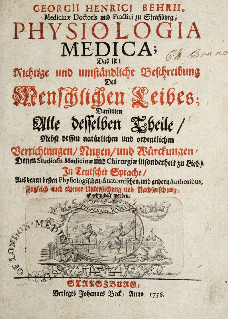 Medicins? Doäoris PraSid |lt MEDICA 01(0^ natdulic^en un& OSrnf^tund^n/ 9?Ug<tl/ttnb ^ftrcfun{;ten / S)^ntn Studiofis Medicio» UtlD Chirorgi« JU ^{(^k 3« Zeutfiftt Sprache/ PhyfioIogif(^tt/Anatoniif^eH/ttn& ÄntmiAuthofibus, pdW «u^ (iflener MMu»är ezstsessu»» GEORGH HENRiCf BEHRII, .^r.ß- 1