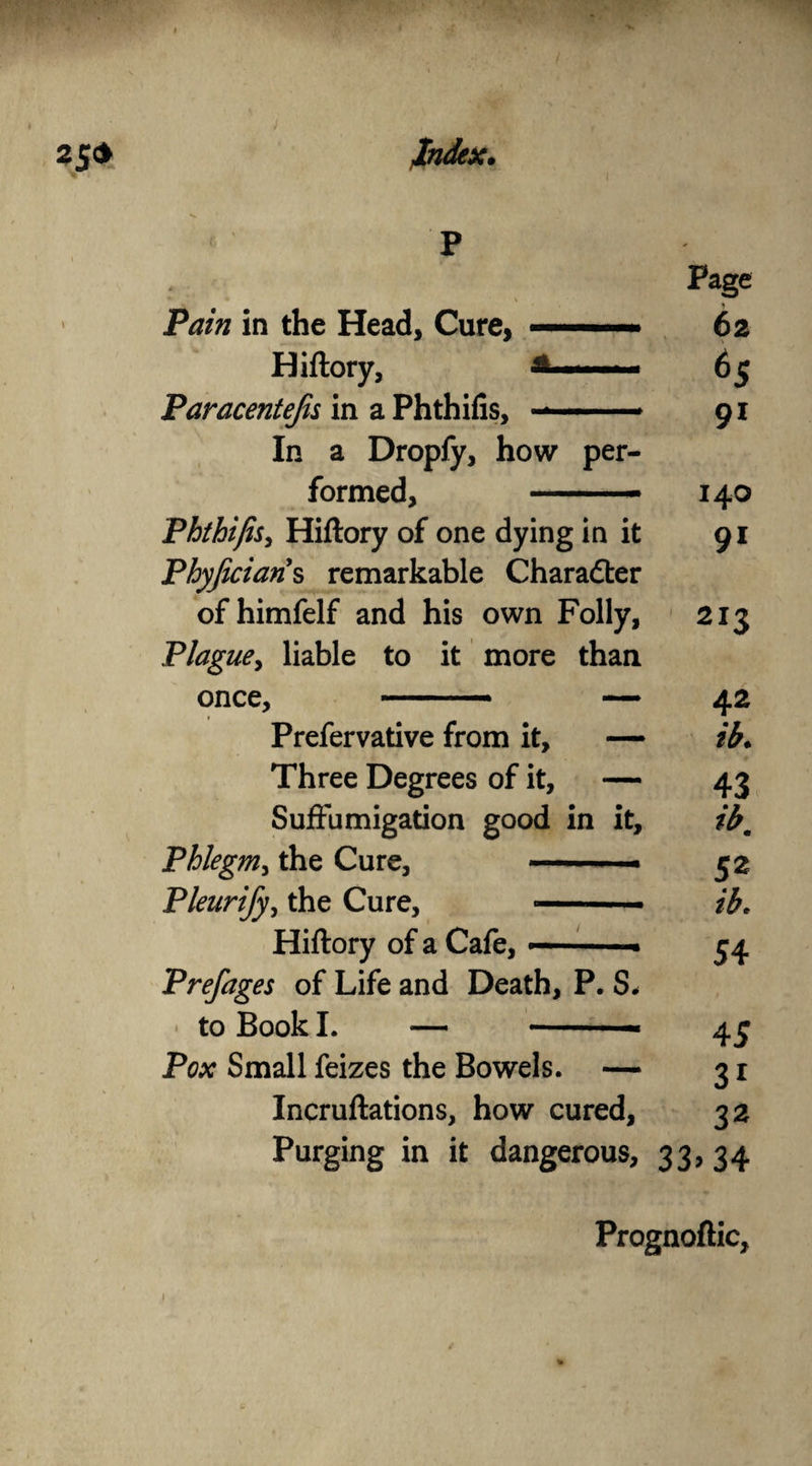 P Page Pain in the Head, Cure, -.. ■ ■■ 62 Hiftory, *.——!■ 65 Paracentefis in a Phthifis, --» 91 In a Dropfy, how per¬ formed, - 140 Phthifis, Hiftory of one dying in it 91 Phyficiaris remarkable Character of himfelf and his own Folly, 213 Plague, liable to it more than once, ..- — 42 Prefervative from it, — ib. Three Degrees of it, — 43 Suftumigation good in it, ibm Phlegm, the Cure, —-.* 52 Pleurify, the Cure, -.. ib. Hiftory of a Cafe, ■ 54 Prefages of Life and Death, P. S. to Book I. — -■■ - 45 Pox Small feizes the Bowels. — 31 Incruftations, how cured, 32 Purging in it dangerous, 33,34 Prognoftic,