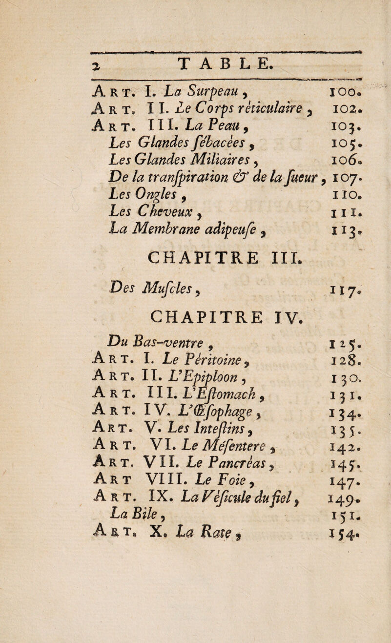 % Art. I. La Surpeau y iocu Art. I L Le Corps réticulaire y 102. Art. III. La Peau 9 103. Les Glandes fébacèes , 105. Les Glandes Miliaires y 106® De la tranfpiration & de la fueur y 107. Les Ongles , 110. Les Cheveux y ni. La Membrane adipeufe y 113. CHAPITRE III. Des Mufcles y 1 ï 7. CHAPITRE IV. Du Bas-ventre , 125. Art. I. Le Péritoine y 128. Art. II. UEpiploon 5 130. Art. III. LEfiomack 9 131» Art, IV. L'Œfophage y 1 34. Art. V• Les Intefîinsy 135. Art. VI • Le Me'fentere $ 142. Art. VIL Le Pancréas y 145. Art VIII. Le Foie y 147. Art. IX. La Féjicule du fiel y 14 9* La Bile y 151* «A r t9 3C# La LLate ï 54*