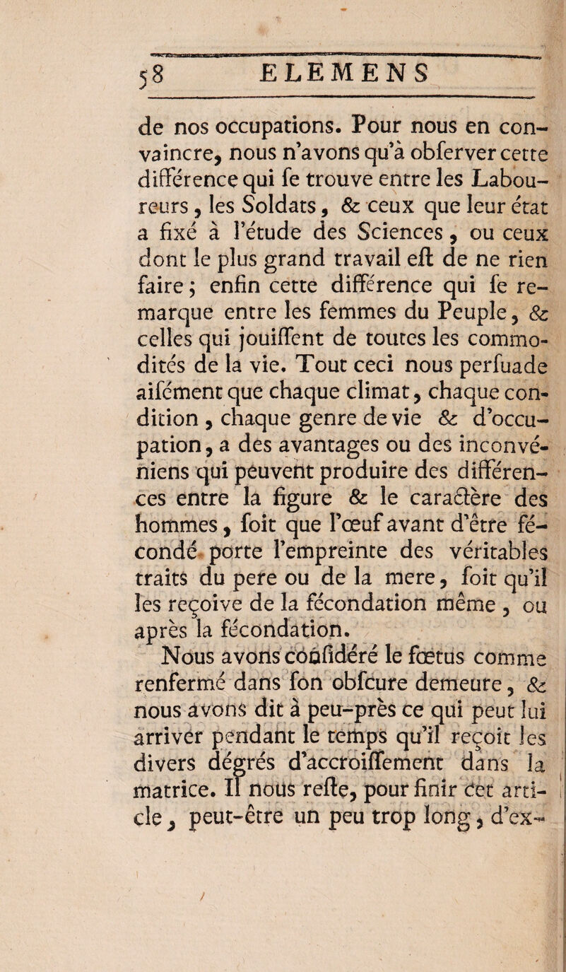 de nos occupations. Pour nous en con¬ vaincre, nous n’avons qu’à obferver cette différence qui fe trouve entre les Labou¬ reurs , les Soldats , 8c ceux que leur état a fixé à l’étude des Sciences, ou ceux dont le plus grand travail eft de ne rien faire ; enfin cette différence qui fe re¬ marque entre les femmes du Peuple, 8c celles qui jouiffent de toutes les commo¬ dités de la vie. Tout ceci nous perfuade aifément que chaque climat, chaque con¬ dition , chaque genre de vie 8c d’occu¬ pation, a des avantages ou des inconvé- niens qui peuvent produire des différen¬ ces entre la figure & le caraâère des hommes, foit que l’œuf avant d’être fé¬ condé porte l’empreinte des véritables traits du pere ou de la mere, foit qu’il les reçoive de la fécondation même , ou après la fécondation. Nous avons coôfidéré le foetus comme renfermé dans fon obfcure demeure, 8c nous avons dit à peu-près ce qui peut lui arriver pendant le temps qu’il reçoit les divers dégrés d’accroiffement dans la matrice. Il nous relie, pour finir cet arti¬ cle j peut-être un peu trop long, d’ex-