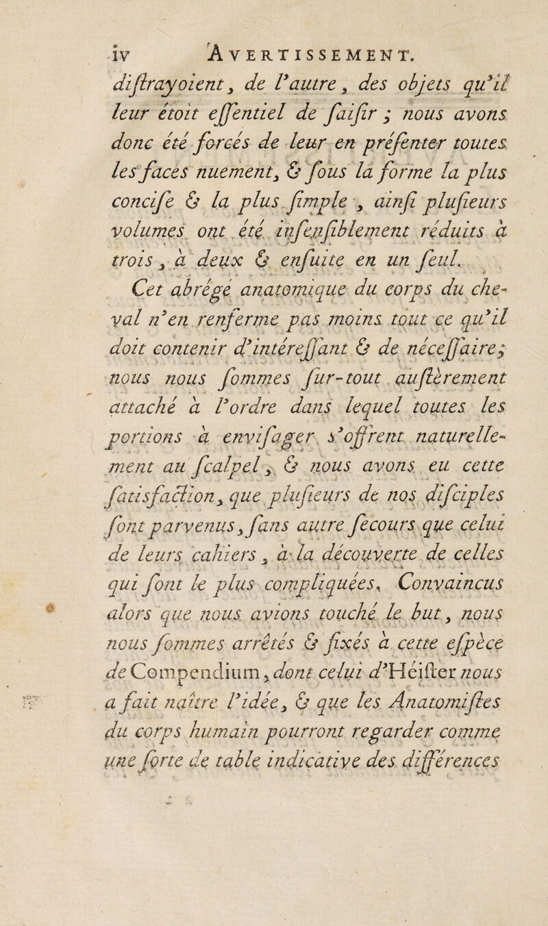 difirayoient 3 de Vautre x des objets qiVÜ leur étoit ejfentiel de faifir ; nous avons donc été forcés de leur en préfenter toutes les faces nuement3 & fous la forme la plus concife & la plus fimple ? ainfi plufieurs volumes ont été infejifiblement réduits a trois j a deux & enfuite en un feuL Cet abrège anatomique du corps du che¬ val n en renferme pas moins tout ce qiVil doit contenir cV intertfiant & de néçejjaire; nous nous fommes fur-tout auflèrement attaché a Vordre dans lequel toutes les portions h envifager s*offrent naturelle- ment au fcalpef & nous avons eu cette fui s faction s que plufieurs de nos difciples font parvenus 3 fans autre fecours que celui de leurs cahiers 3 a- la découverte de celles ' , • . * < qui font le plus compliquées, Convaincus alors que nous, avions touché le but > nous nous fommes arretés & fixés à cette efipece de Compendium * dont celui </*Héifter nous a fait naître Vidée, ô que les Anatomifles du corps humain pourront regarder comme line forte de table indicative des différences