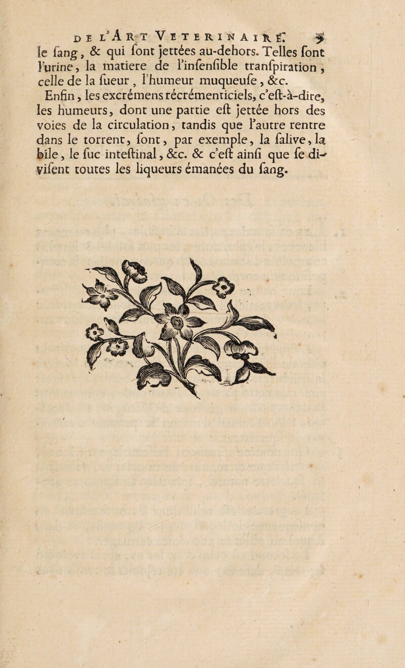 de l A et Vïteîukau tï -ÿ. le Tang, & qui font jettées au-dehors. Telles font l'urine, la matière de TinTenfible tranfpiration , celle de la Tueur , l’humeur muqueufe, &c. Enfin, les excrémens récrémenticiels, c’eft-à-dire, les humeurs, dont une partie eft jettée hors des voies de la circulation, tandis que l’autre rentre dans le torrent, font, par exemple, la Talive,la bile, le Tue inteftinal, &c. & c eft ainfi que Te di-- yifent toutes les liqueurs émanées du Tang.