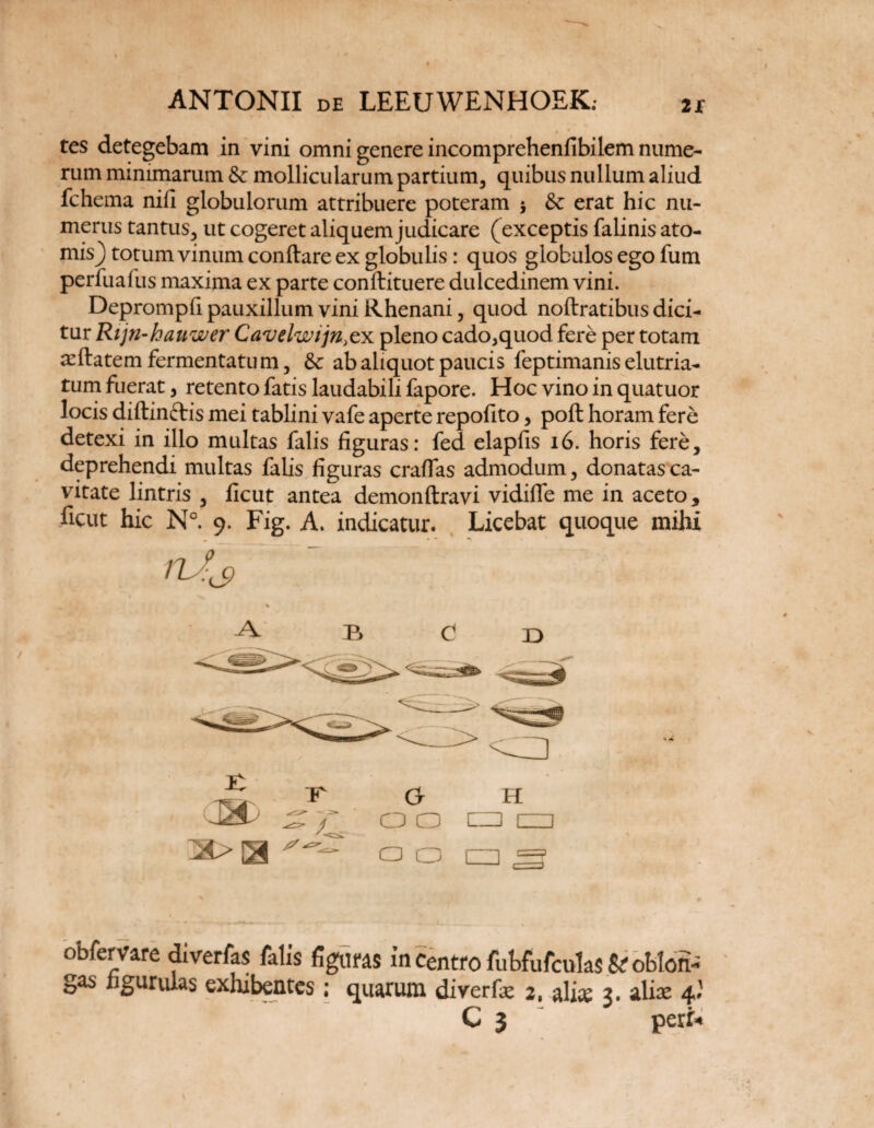 tes detegebam in vini omni genere incomprehenfibilem nume¬ rum minimarum & mollicularum partium, quibus nullum aliud fchema nifi globulorum attribuere poteram $ & erat hic nu¬ merus tantus, ut cogeret aliquem judicare (exceptis falinis ato¬ mis^ totum vinum conflare ex globulis: quos globulos ego fum perfuafus maxima ex parte conilituere dulcedinem vini. Deprompfi pauxillum vini Rhenani, quod noflratibus dici¬ tur Rijn-kauwer Cavelwijn.tx pleno cado,quod fere per totam ^ftatem fermentatum, & ab aliquot paucis feptimanis elutria¬ tum fuerat, retento fatis laudabili fapore. Hoc vino in quatuor locis diftinftis mei tablini vafe aperte repofito, poft horam fere detexi in illo multas falis figuras: fed elapfis 16. horis fere, deprehendi multas falis figuras eradas admodum, donatas ca¬ vitate lintris , ficut antea demonftravi vidifie me in aceto, ficut hic N°. 9. Fig. A. indicatur. Licebat quoque mihi A B C n obfervare diverfas falis figuras in centro fubfufculas & obloti- gas ngurulas exhibentes; quarum divertx 2, alia? 3. aha: 4.'