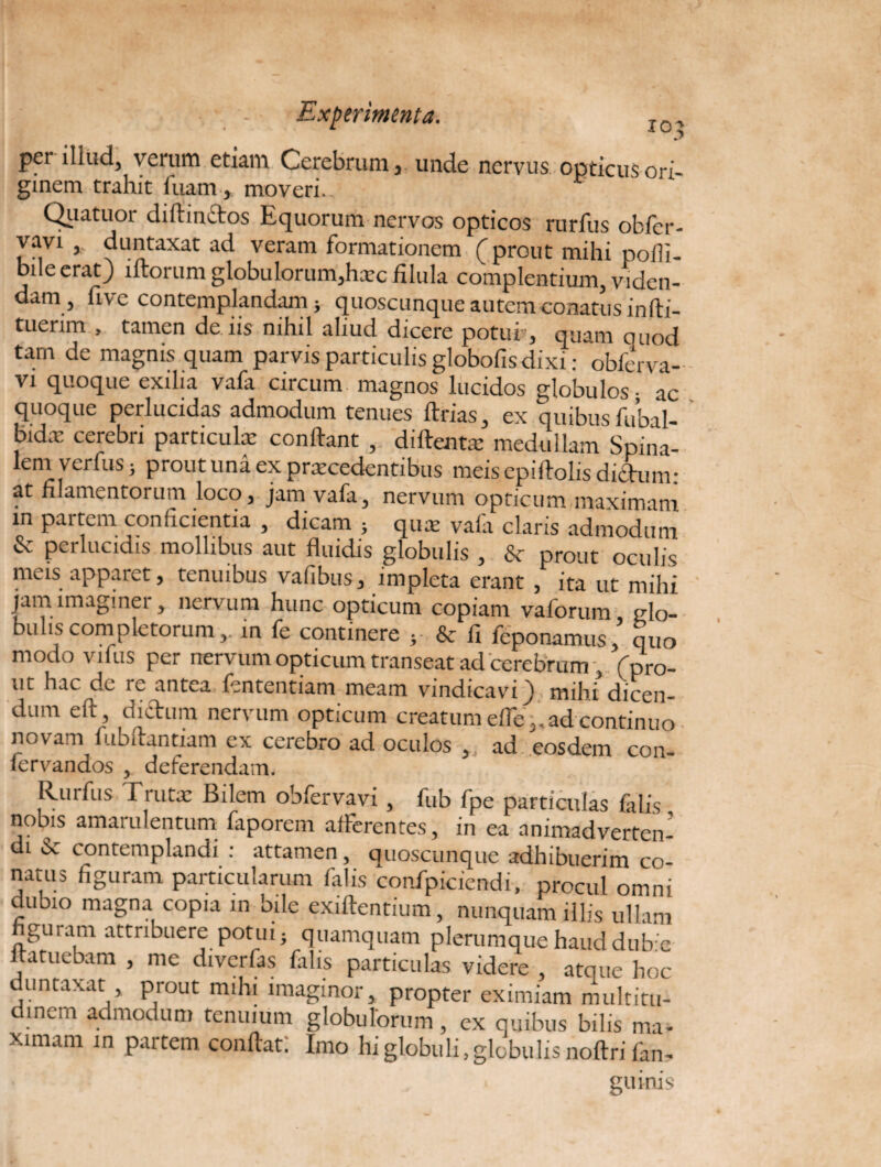. . Experimenta. Ic, per illud, verum etiam Cerebrum, unde nervus opticus ori¬ ginem trahit luam, moveri.. Quatuor diftinftos Equorum nervos opticos rurfus obfer- vavi , duntaxat ad veram formationem (prout mihi polli- bueerat) lftorum globulorum,hsc filula complentium, viden¬ dam, five contemplandam; quoscunque autem conatus infti- tuerim , tamen de iis nihil aliud dicere potui , quam quod tam de magnis quam parvis particulis globofis dixi: obferva- vi quoque exilia vafa circum magnos lucidos globulos: ac quoque perlucidas admodum tenues ftrias, ex quibus fubal- bidm cerebri particula: conftant , diftentm medullam Spina¬ lem verfus; prout una ex praecedentibus meisepifiolis dictum: at filamentorum loco, jam vafa3 nervum opticum maximam in partem conficientia , dicam > quae vatii claris admodum & perlucidis mollibus aut fluidis globulis , & prout oculis meis apparet, tenuibus vafibus, impleta erant , ita ut mihi jam imaginet, nervum hunc opticum copiam vaforum glo¬ bulis completorum, in fe continere } Se fi feponamus, quo modo vifus per nervum opticum transeat ad cerebrum , (pro¬ ut hac de re antea lententium meam vindicavi J mihi dicen¬ dum eft, dictum nervum opticum creatum efle;,ad continuo novam fubilantiam ex cerebro ad oculos „ ad 'eosdem 3 fervandos , deferendam. Rurfus Truta: Bilem obfervavi , fub fpe particulas falis nobis amarulentum faporem afferentes, in ea animadverten¬ di & contemplandi : attamen, quoscunque adhibuerim co¬ natus figuram particularum falis confpiciendi, procul omni dubio magna copia in bile exiftentium, nunquam illis ullam guram attribuere potui} quamquam plerumque haud dub c ftatuebam , me diverfas falis particulas videre , atque hoc duntaxat prout mihi imaginor, propter eximiam multitu¬ dinem admodum tenuium globulorum, ex quibus bilis ma¬ ximam in partem conflat: Imo hi globuli,globulis noftri fan. guinis