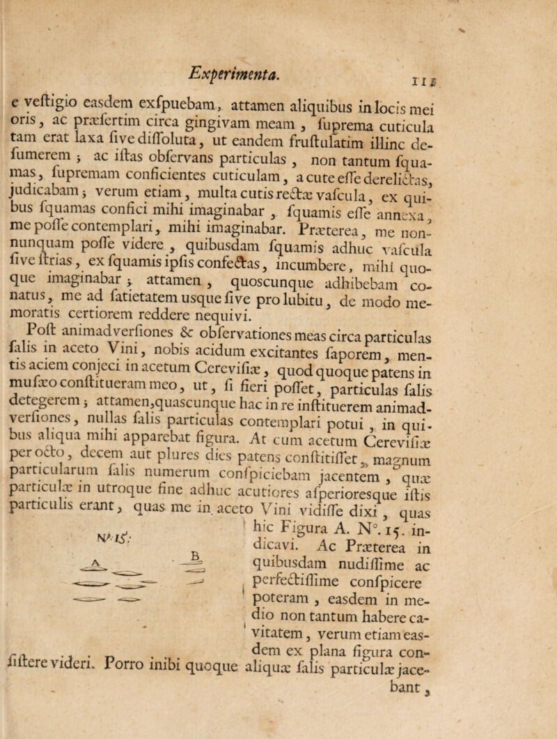 e veftigio easdem exfpuebam, attamen aliquibus in locis mei oris, ac prxlcrtim circa gingivam meam , fuprema cuticula tam erat laxa five diOoluta, ut eandem fruftulatim illinc de- fumerem 5 ac iftas obfervans particulas , non tantum fqua- maSj lupremam conficientes cuticulam, a cute effc derelictas judicabam; verum etiam, multa cutis rectx vafcula, ex qui¬ bus fquamas confici mihi imaginabar , fquamis elTe’ annexa mepoilecontemplari, mihi imaginabar. Praeterea, me non- nunquam poffe videre , quibusdam fquamis adhuc vafcula live itnas, ex fquamis ipfis confefras, incumbere, mihi quo¬ que imaginabar; attamen , quoscunque adhibebam co¬ natus, me ad fatietatem usque five prolubitu, de modo me¬ moratis certiorem reddere nequivi. r animadverfiones obfervationes meas circa particulas lalis in aceto Vim, nobis acidum excitantes faporem men¬ tis aciem conjeci in acetum Cerevifix, quod quoque patens in mufxoconftit lieram meo, ut, fi fieri pollet, particulas falis detegeiem; attamen,quascunque hac in re inftituerem animad¬ verfiones, nullas falis particulas contemplari potui , in qui¬ bus aliqua mihi apparebat figura. At cum acetum Cerevifix perotro, decem aut plures dies patens conftitiflet magnum particularum falis numerum conlpiciebam jacentem ,°qux particulx in utroque fine adhuc acutiores afperioresque iftis particulis erant, quas me in. aceto Vini vidifle dixi, quas hic Figura A. N°. 15. in- dicavi. Ac Praeterea in ^V • —^ quibusdam nudiiTime ac perfectiffime confpicere poteram 5 easdem in me¬ dio non tantum habere ca¬ vitatem , verum etiam eas- rrL •« » -j-v .... dem ex plana figura con- nitere videri. Porro mibi quoque aliquae falis particulae jace-