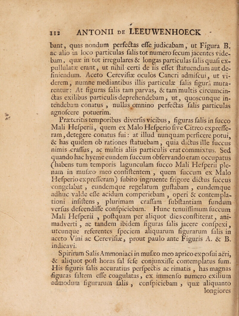 bant, quas nondum perfe&as efle judicabam , ut Figura B. ac alio in loco particulas falis tot numero fecum jacentes vide¬ bam , quas in tot irregulares & longas particulas falis quafi ex- pullulatx erant, ut nihil certi de iis eflet ftatuendum aut de¬ finiendum. Aceto Cerevifix oculos Cancri admifcui, ut vi¬ derem, numne mediantibus illis particulae falis figura muta¬ rentur: At figuras falis tam parvas, & tam multis circumcin¬ ctas exilibus particulis deprehendebam, ut, quoscunque in¬ tendebam conatus , nullas omnino perfeCtas falis particulas agnofcere potuerim. Prxteritis temporibus diverfis vicibus, figuras falis in fucco Mali Hefperii., quem ex Malo Hefperiofive Citreo expreffe- ram, detegere conatus fui: at illud nunquam perficere potui, & has quidem ob rationes ftatuebam, quia diCtus ille fuccus nimis mraffus, ac multis aliis particulis erat commixtus. Sed quando hac hyeme eundem fuccum obfervando eram occupatus (habens tum temporis lagunculam fucco Mali Hefperii ple¬ nam in mufeo meo confidentem , quem fuccum ex Malo Hefperio ex pre fleram) fubito ingruente frigore diCtus fuccus congelabat , eundem que regelatum guftabam , eundemque adhuc valde efle acidum comperiebam , operi & contempla¬ tioni infiilens , plurimam craflam fubftantiam fundum vcrfus defcendifle confpiciebam. Hunc tenuiflimum.fuccum Mali Hefperii , poftquam per aliquot diesconftiterat, anf» madverti , ac tandem ibidem figuras falis jacere confpexi, utcunque referentes fpeciem aliquarum figurarum falis in aceto Vini ac Cerevifix, prout paulo ante Figuris A. & B. indicavi. Spirirum Salis Ammoniaci in mu fico meo aprico expofui aeri, *&: aliquot poft horas fal fefe conjunxifle contemplatus fum. His figuris falis accuratius perfpectis ac rimatis , has magnas figuras faltem efle coagulatas, ex immenfo numero exilium admodum figurarum falis , confpiciebam , qux aliquanto longiores