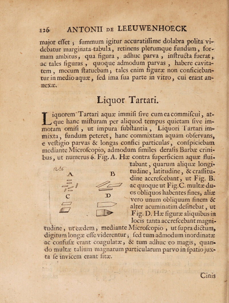 major eflet ; fummum igitur accuratifllme dolabra polita vi¬ debatur marginata tabula, retinens plerumque fundum, for¬ mam ambitus, qua figura , adhuc parva , inftructa fuerat, ac tales figuras , quoque admodum parvas , habere cavita¬ tem , mecum ftatuebam; tales enim figura: non conficieban¬ tur in medio aquas, fed ima fua parte in vitro, cui erant an¬ nexas. nJ.6~ B Liquor Tartari. Liquorem'Tartari aquae immifi five cum ea commifcui v at¬ que hanc mifturam per aliquod tempus quietam five im¬ motam omifi , ut impura fubftantia , Liquori Tartari im*» mixta, fundum peteret , hanc commixtam aquam obfervans, e veftigio parvas & longas confici particulas, confpiciebam mediante Microfcopio, admodum fimiles deralls Barbae crini¬ bus 5 ut numerus 6. Fig. A. Hae contra fuperficiem aquae flui¬ tabant , quarum aliquae longi¬ tudine, latitudine 3 &craflitu- dine accrefcebant, ut Fig. B. ac quoque ut Fig.C. multae du¬ os obliquos habentes fines, aliie vero unum obliquum finem & alter acuminatim delinebat, ut Fig. D. Hae figurae aliquibus in locis tanta accrefcebant magni¬ tudine, ut eaedem 5 mediante Microfcopio , ut fupra di£tum, digitum longae effe viderentur 5 fed tum admodum inordinatae ac confufae erant coagulatae, & tum adhuc eo magis, quan¬ do multae talium magnarum particularum parvo in fpatiojux* fe invicem erant litae. 9^ C / X)
