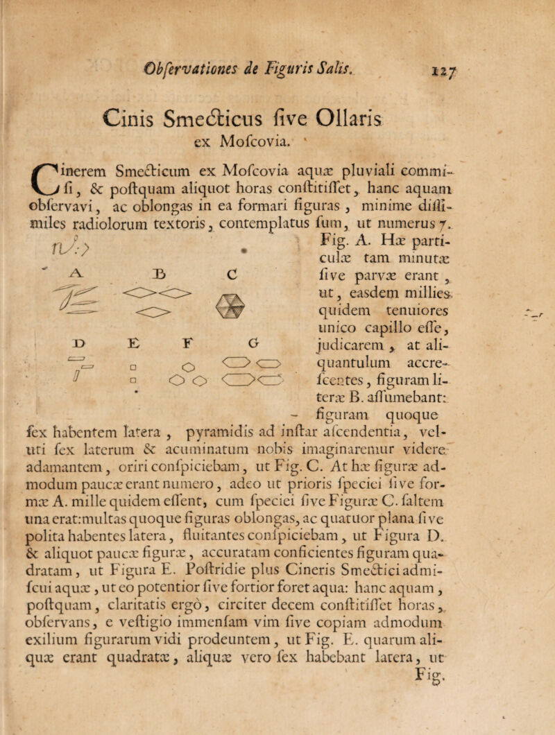 Cinis Smecticus five Ollaris ex Mofcovia. ' Cinerem Smecticum ex Mofcovia aqux pluviali commi- fi, & poftquam aliquot horas conftitiflet , hanc aquam obfervavi, ac oblongas in ea formari figuras , minime dilli- miles radiolorum textoris, contemplatus fum, ut numerus/, Fig. A. Hae parti¬ culae tam minutie fi ve parvas erant , ut , easdem millies, quidem tenuiores unico capillo effe, judicarem > at ali¬ quantulum accre- icentes 3 figuram li- terae B. afiiunebant: figuram quoque fex habentem latera , pyramidis ad inftar afeendentia, vel- uri fex laterum Sc acuminatum nobis imaginaremur videre adamantem, oriri confpiciebam, ut Fig. C. At hir figuras ad¬ modum paucae erant numero, adeo ut prioris fpeciei live for¬ mae A. nulle quidem effient, cum fpeciei live Figurae C. faltem una erat:multas quoque figuras oblongas, ac quatuor plana fi ve polita habentes latera, fluitantes confpiciebam > ut Figura D. &c aliquot paucae figurae, accuratam conficientes figuram qua¬ dratam, ut Figura E. Poftridie plus Cineris Smefticiadmi- fcu-i aqux , ut eo potentior five fortior foret aqua: hanc aquam , poftquam, claritatis ergo, circiter decem conftitiflet horasy obfervans, e veftigio immenfam vim five copiam admodum exilium figurarum vidi prodeuntem, ut Fig. E. quarum ali¬ quae erant quadrata:, aliqux vero fex habebant latera, ut . Fig.