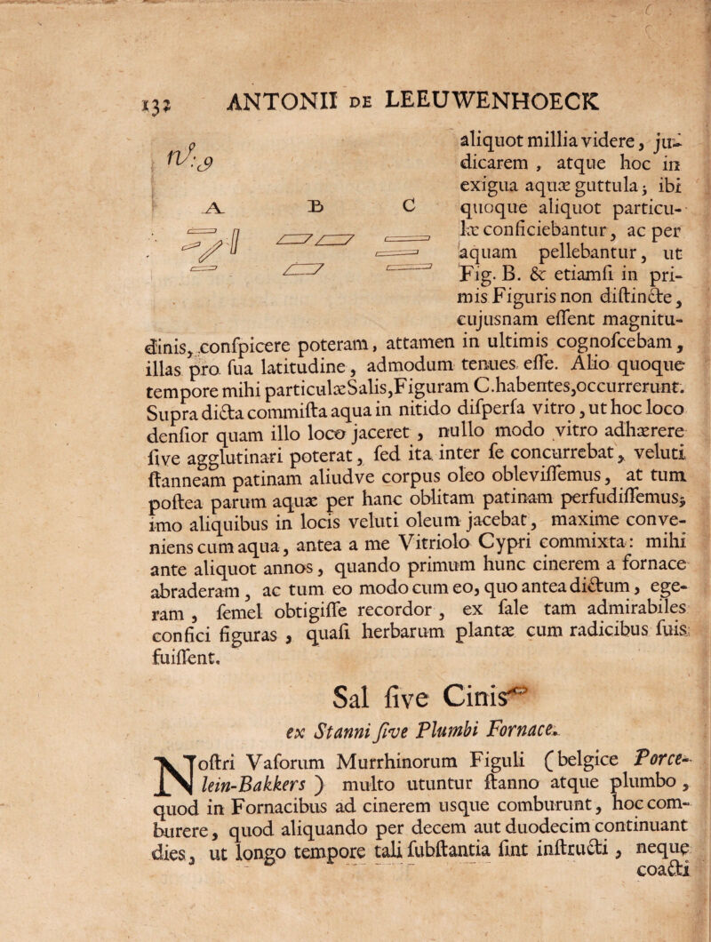 yi IB ZH7ZZI7 %l% ANTONII de LEEUWENHOECK aliquot millia videre, ju¬ exigua aquse guttula > ibi quoque aliquot particu- 7 Ice conficiebantur, ac per aquam pellebantur , ut Fig. B. & etiamfi in pri¬ mis Figuris no n diftincte, eujusnam eflent magnitu¬ dinis, confpicere poteram, attamen in ultimis cognofcebam, illas pro fua latitudine, admodum tenues efle. Alio quoque tempore mihi particulceSalis,Figuram C.habentes,occurrerunt. Supra difta commifta aqua in nitido difperfa vitro, ut hoc loco denfior quam illo loco jaceret , nullo modo vitro adhaerere five agglutinari poterat, fed ita inter fe concurrebat > veluti ftanneam patinam aliudve corpus oleo obleviffemus, at tum poftea parum aquae per hanc oblitam patinam perfudiffemus* imo aliquibus in locis veluti oleum jacebat, maxime conve¬ niens cum aqua, antea a me Vitriolo Cypri commixta : mihi ante aliquot annos, quando primum hunc cinerem a fornace abraderam, ac tum eo modo cum eo, quo antea dictum, ege¬ ram , femel obtigiffe recordor , ex fale tam admirabiles confici figuras , quafi herbarum plantce cum radicibus luis fuiffent. Sal five Cinis'*3 ex Stanni five Plumbi Fornace Noftri Yaforum Murrhinorum Figuli (belgice Porce- lein-Bakkers } multo utuntur ftanno atque plumbo, quod in Fornacibus ad cinerem usque comburunt, hoc com¬ burere , quod aliquando per decem aut duodecim continuant dies ut longo tempore tali fubftantia fint inftru&i, neque