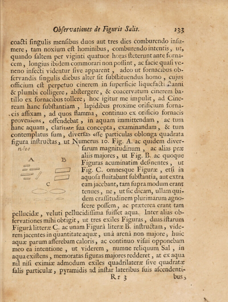 coarti lingulis menfibus duos aut tres dies comburendo inftt- mere j tam noxium eft hominibus, comburendo intentis, ut, quando faltem per viginti quatuor horas fteterunt ante forna¬ cem , longius ibidem commorari non poffint, ac facie quali ve¬ neno infetti videntur live apparent , adeo ut fornacibus ob- fervandis lingulis diebus alter iit fubftituendus homo , cujus officium eft perpetuo cinerem in fuperficie liquefacti ftanni & plumbi colligere, abftergere, & coacervatum cinerem ba¬ tillo ex fornacibus tollere} hoc igitur me impulit, ad Cine¬ ream hanc fubftantiam , lapidibus proxime orificium forna- .cis affixam , ad quos flamma, continuo ex orificio fornacis proveniens, offendebat , in aquam immittendam , ac tum hanc aquam, claritate fua concepta, examinandam , & tum contemplatus fum, diverfas efle particulas oblonga quadrata figura inftrurtas, ut Numerus io. Fig. A. ac quidem diver- farum magnitudinum , ac alias pree aliis majores, ut F ig. B. ac quoque Figuras acuminatim delinentes , ut Fig. C. omnesque Figura: , etfi in aquofa fluitabant fubftantia, aut extra eam jacebant, tam fupra modum erant tenues, ne, ut lic dicam, ullam qui¬ dem craffitudinem plurimarum agno- fcere poflem, ac prxterca erant tam pellucida:, veluti pellucidiflima fu i flet aqua. Inter alias ob¬ fervationes mihi obtigit, ut tres exiles Figuras, duasiftarum Figura litterx C. ac unam Figura literxB. inftruftam, vide¬ rem jacentes in quantitate aqux, una arena non majore; huic aqua: parum afferebam caloris, ac continuo vifui opponebam meo ea intentione , ut viderem , numne reliquum Sal , in aquaexiftens, memoratas figuras majores redderet, at ex aqua nil nili eximia: admodum exiles quadrilaterx five quadratae falis particula:, pyramidis ad inftar lateribus fuis afeendenti-