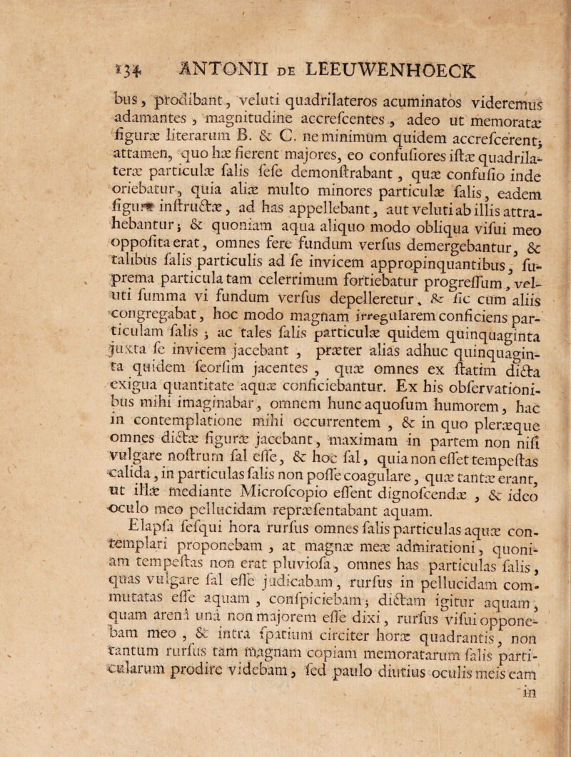 bus 5 prodibant j velati qaadrilateros acuminatos videremus adamantes , magnitudine accrefcentesadeo ut memorate ■figurae literarum B. & C. ne minimum quidem accrefcerent* attamen, quo hae fierent majores, eo confufiores iffoe quadrila- tcrx particulae falis fefe demonftrabant , quae confufio inde oriebatur^ quia aliae multo minores particulae falis, eadem figurt inftiu&x 3 ad has appellebant 3 aut veluti ab illis attra¬ hebant ui j quoniam aqua aliquo modo obliqua vifui meo oppofita erat 3 omnes fere fundum verfus demergebantur, & talibus falis particulis ad fe invicem appropinquantibus Vu- prema particula tam celerrimum fortiebatur progreffum/vel- uti fumma vi fundum verfus depelleretur * Sz iic cum aliis •congregabat , hoc modo magnam irregularem conficiens par¬ ticulam falis 5 ac tales falis particulae quidem quinquaginta Juxta fe invicem jacebant , praeter alias adhuc quinquagin¬ ta quidem feorlim jacentes , qux omnes ex ftatim difta exigua quantitate aqux conficiebantur. Ex his obfervationi- bus mihi imaginabar , omnem huncaquofum humorem , hac in contemplatione mihi occurrentem , & in quo pleraque omnes didar figura jacebant , maximam in partem non nifi vulgare noftrurn fal effie, & hoc fal, quia non effet tempeftas calida 3 in particulas falis non poffe coagulare 3 quae tante erant ut illx mediante Microfcopio effient dignofcendx , Sc ideo oculo meo pellucidam reprafentabant aquam. Elapfa fefqui hora rurfus omnes falis particulas aquae con¬ templari proponebam 3 at magnae meae admirationi, quoni¬ am tempeftas non erat pluviofk, omnes has particulas falis , quas vulgare fal effie judicabam , rurfus in pellucidam com¬ mutatas efie aquam 3 confpiciebam5 didam igitur aquam, quam arem una non majorem efie dixi, rurfus vifm oppone¬ bam meo , & intra fpatiunl circiter hora quadrantis, non Ixmtum mrfus tam magnam copiam memorataruni falis parti¬ cularum prodire videbam , fed paulo diutius oculis meis cam
