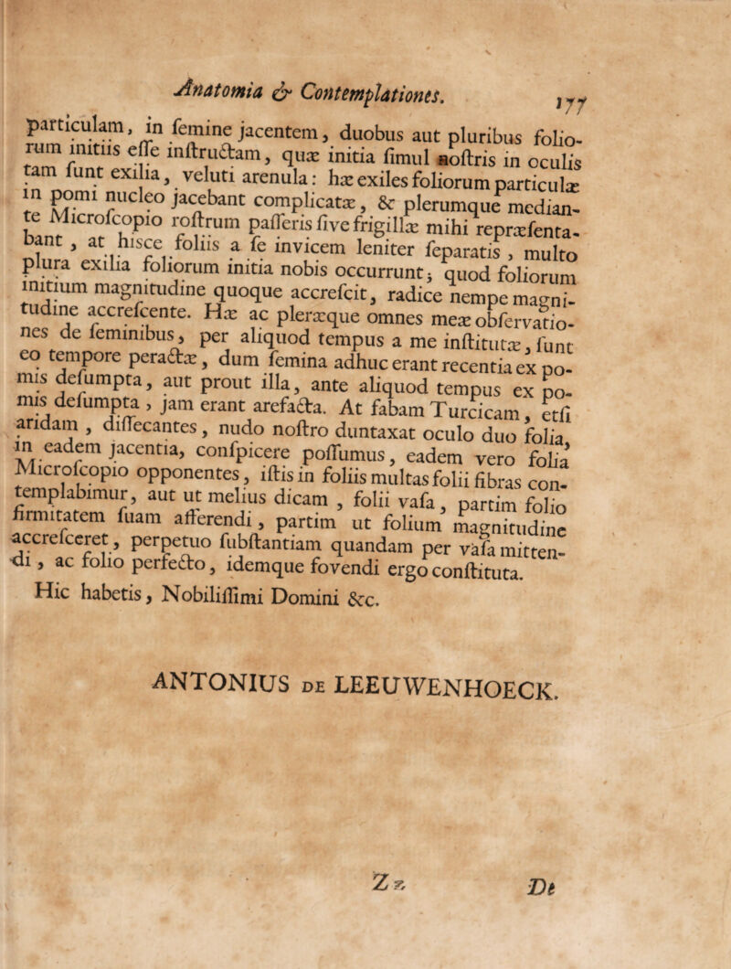 > > . > in femine jacentem 5 duobus aut pluribus folio- rum initus e(Te inftruftam, qua: initia fimul noltris in oculis am unt exilia, veluti arenula: ha: exiles foliorum particula; 'te M°mi fUCk° jaC,ebant COI?plicata:, & plerumquePmedian- bant 1CafCh°P10 f°?™m Paflens fivefrigilla: mihi reprxfenta- bant , at hisce foliis a fe invicem leniter feparatis , multo plura exilia foliorum mitia nobis occurrunt5 quod foliorum mitium magnitudine quoque accrefcit, radice nempe magni¬ tudine accrefcente. Ha: ac plerxque omnes mea: obfervaW nes de feminibus, per aliquod tempus a me inftitutx, funt eo tempore peradtx, dum femina adhuc erant recentia ex po- mt c?e,'LimpCa’ aut Prout iha, ante aliquod tempus ex po¬ mis defumpta , jam erant arefadfa. At fabam Turcicam, etfi aridam , diflecantes, nudo noftro duntaxat oculo duo folia in eadem jacentia, confpicere polfumus, eadem vero folia Microfcopio opponentes, illis in foliis multas folii fibras con¬ templabimur , aut ut melius dicam , folii vafa, partim folio firmitatem fuam afferendi, partim ut folium magnitudine accrefceret, perpetuo fubftantiam quandam per vafa mitten- •di, ac folio perfefto, idemque fovendi ergo conftituta. Hic habetis, Nobilillimi Domini 8cc. ANTONIUS de LEEUWENHOECK.