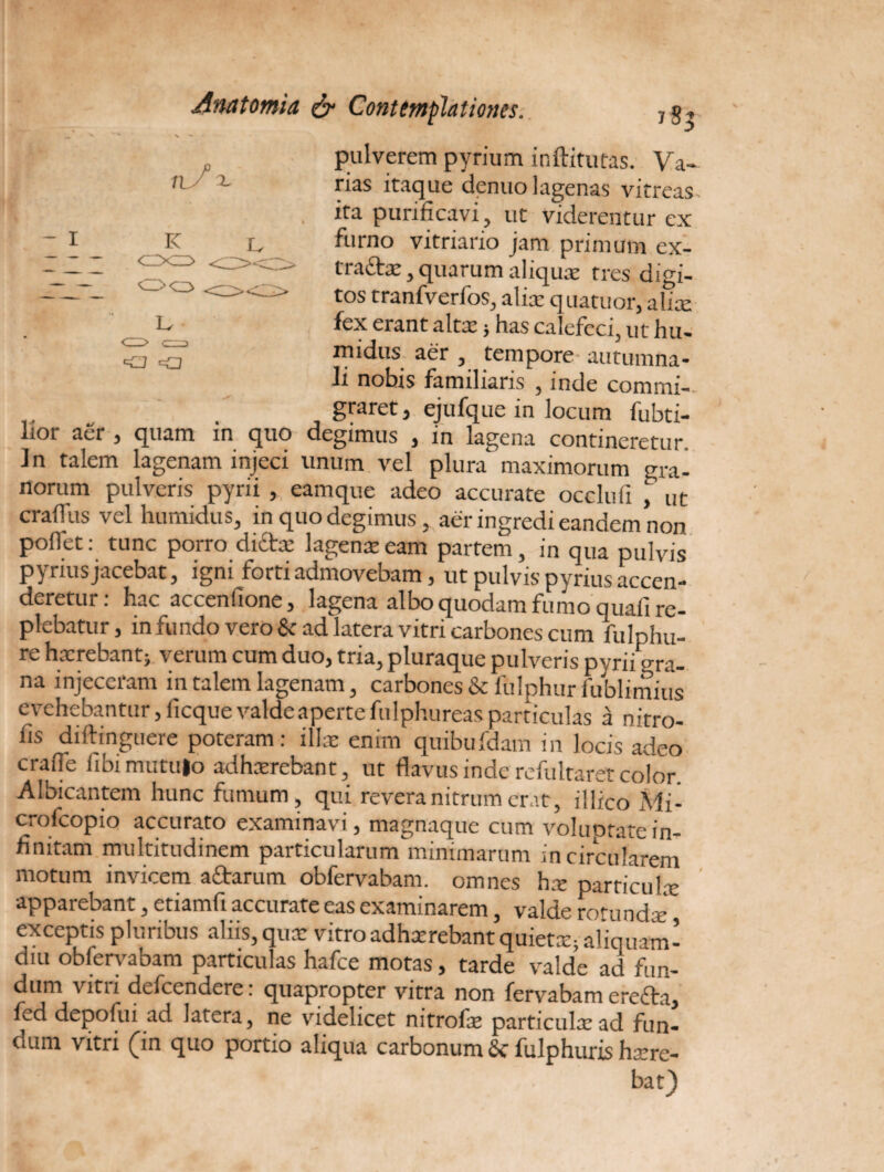 pulverem pyrium inftitutas. Va¬ rias itaque denuo lagenas vitreas ita purificavi, ut viderentur ex furno vitriario jam primum ex- tra&x, quarum aliqux tres digi¬ tos tranfverfos, alix qua tuor, a lix fex erant altx; has calefeci, ut hu- midus aer , tempore autumna¬ li nobis familiaris , inde commi¬ graret, ejufque in locum fubti- li°r aer , quam in quo degimus , in lagena contineretur. 1 n talem lagenam injeci unum vel plura maximorum gra¬ norum pulveris pyrii , eamque adeo accurate occlufi f ut crafius vel humidus, in quo degimus, aer ingredi eandem non pollet: tunc porro diftx lagenx eam partem, in qua pulvis pyrius jacebat, igni forti admovebam, ut pulvis pyrius accen¬ deretur: hac accenfione, lagena albo quodam fumo quafi re¬ plebatur , in fundo vero & ad latera vitri carbones cum fulphu- re hxrebantj verum cum duo, tria, pluraque pulveris pyrii gra¬ na injeceram in talem lagenam, carbones & fulphur fublimius evehebantur, ficque valdeapertefulphureasparticulas a nitro- fis diftinguere poteram: illx enim quibufdam in locis adeo cralfe libimutu|o adhxrebant, ut flavus inde refultaret color. Albicantem hunc fumum, qui revera nitrum erat, illico Mi- crofcopio accurato examinavi, magnaque cum voluptate in¬ finitam multitudinem particularum minimarum in circularem motum invicem aftarum obfervabam. omnes hx particulx apparebant, etiamfi accurate eas examinarem, valde rotu ndx exceptis pluribus aliis, qux vitro adhxrebant quietx; aliquam¬ diu obfervabam particulas hafce motas, tarde valde ad fun¬ dum vitri defeendere: quapropter vitra non fervabam erefta, fed depofui ad latera, ne videlicet nitrofx particulx ad fun¬ dum vitri (in quo portio aliqua carbonum & fulphuris hxre- * bat)