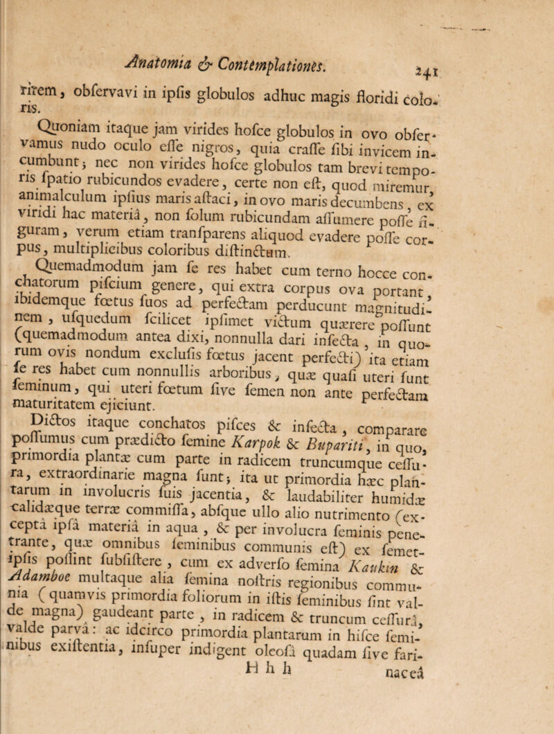 rirem, obfervavi in ipfis globulos adhuc magis floridi colo- ns. Quoniam itaque jam virides hofce globulos in ovo obfcr- vamus nudo oculo efle nigros, quia craflb fibi invicem in- cumbunt; nec non virides hofce globulos tam brevi tempo¬ ris 1 patio rubicundos evadere, certe non eft, quod miremur ammalculum ip(ius maris aftaci, in ovo maris decumbens ex viridi hac mateni, non folum rubicundam affurnere poffe fl, guram, verum etiam tranfparens aliquod evadere noff- cor pus, multiplicibus coloribus diftinftum. P Quemadmodum jam fe res habet cum terno hocee con¬ chatorum pifcium genere, qui extra corpus ova portant lbidemque foetus fuos ad perfertam perducunt magnitudi¬ nem , ufquedum fcilicet ipfimet virtum quaerere poffunt (.quemadmodum antea dixi, nonnulla dari inferta in quo rum ovis nondum exclufis foetus jacent perfert i) ita etiam ie res habet cum nonnullis arboribus, quae quafi uteri funt lemmum, qui uteri foetum flve femen non ante perfertam maturitatem ejiciunt. r • Diflros itaque conchatos pifces & inferta, comparare poflumus cum prxdirto femine Karpok & Bupariti\ in quo, primordia plantas cum parte in radicem truncumque ceflii- ra, extraordinarie magna funt; ita ut primordia haec plan¬ tarum in involucris fuis jacentia, & laudabiliter humidx ca idxque tcrrx commifla, abfque ullo alio nutrimento fex- cepta ipfa materia in aqua , & per involucra feminis pene¬ trante, qux omnibus feminibus communis eft) ex femet- iphs pollint fubfiftere , cum ex adverfo femina Kauktn & Adamboc multaque alia femina noftris regionibus commu¬ nia ( quamvis primordia foliorum in iftis feminibus fint val¬ de magna^ gaudeant parte , in radicem & truncum cefturrt valde parva: ac idcirco primordia plantarum in hifce femi¬ nibus exiftentia, infuper indigent oleofi quadam flve fari- jp’ • ^ k h naced